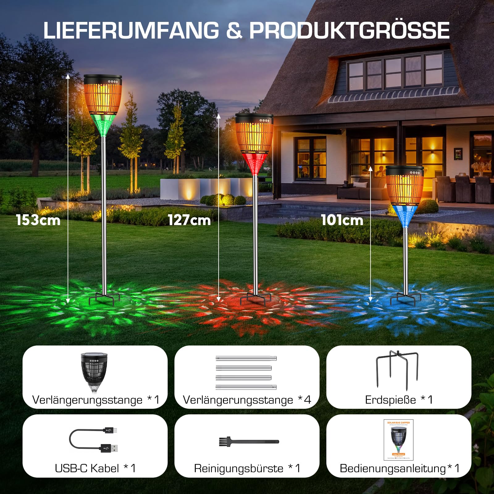 Solar Insektenvernichter Outdoor | Elektrische Mückenfalle 4200V, Mückenlampe IPX5 Wasserdicht, USB-C-Ladung, mit Erdspieß für Garten, Rasen, Hof