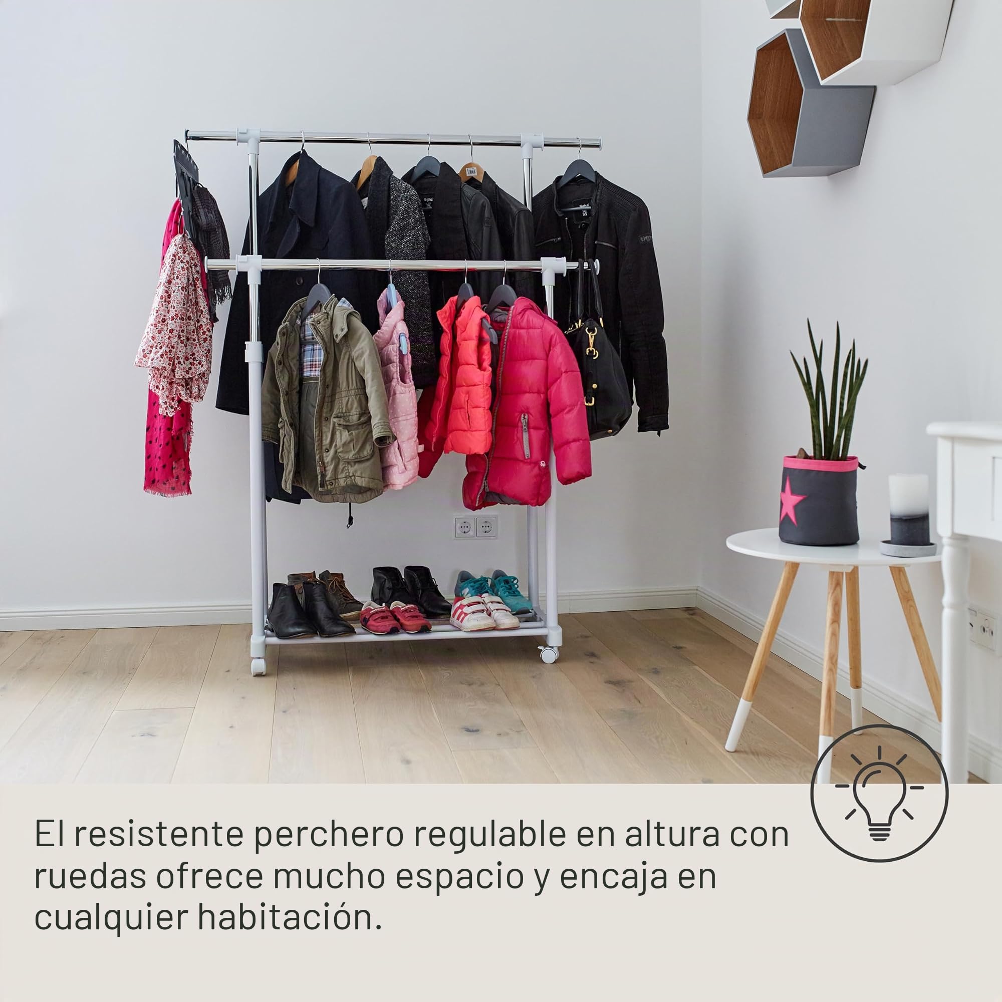 LOVE !T STORE !T 670124 Perchero sobre Ruedas, Metal Plástico, Cromo/Blanco, 90-134x44x95-169 cm