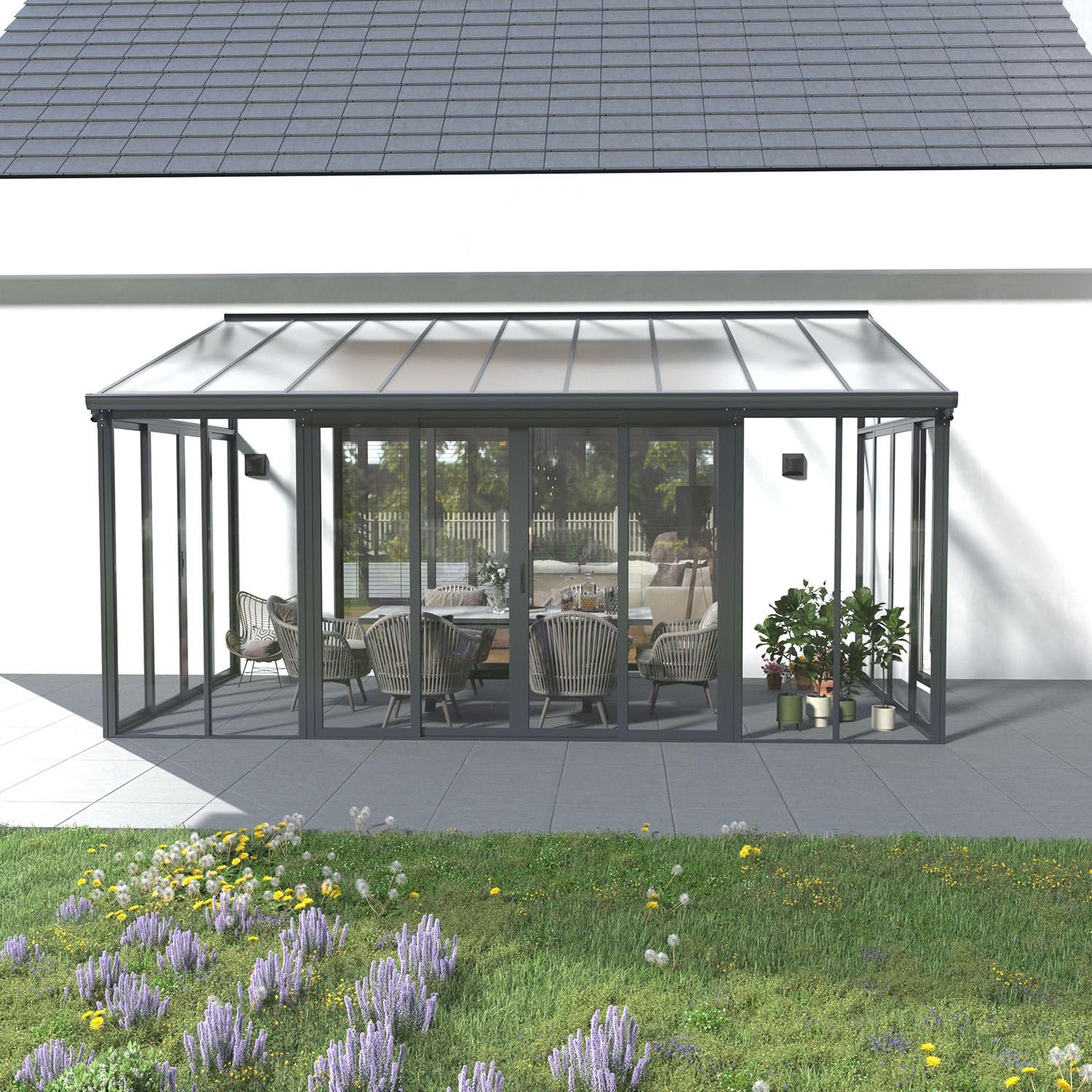 Juskys Jardin d'hiver de 15 m² - parois cristallines, Portes coulissantes Doubles et Protection UV - abri étanche et résistant à l'hiver en Aluminium - Gris