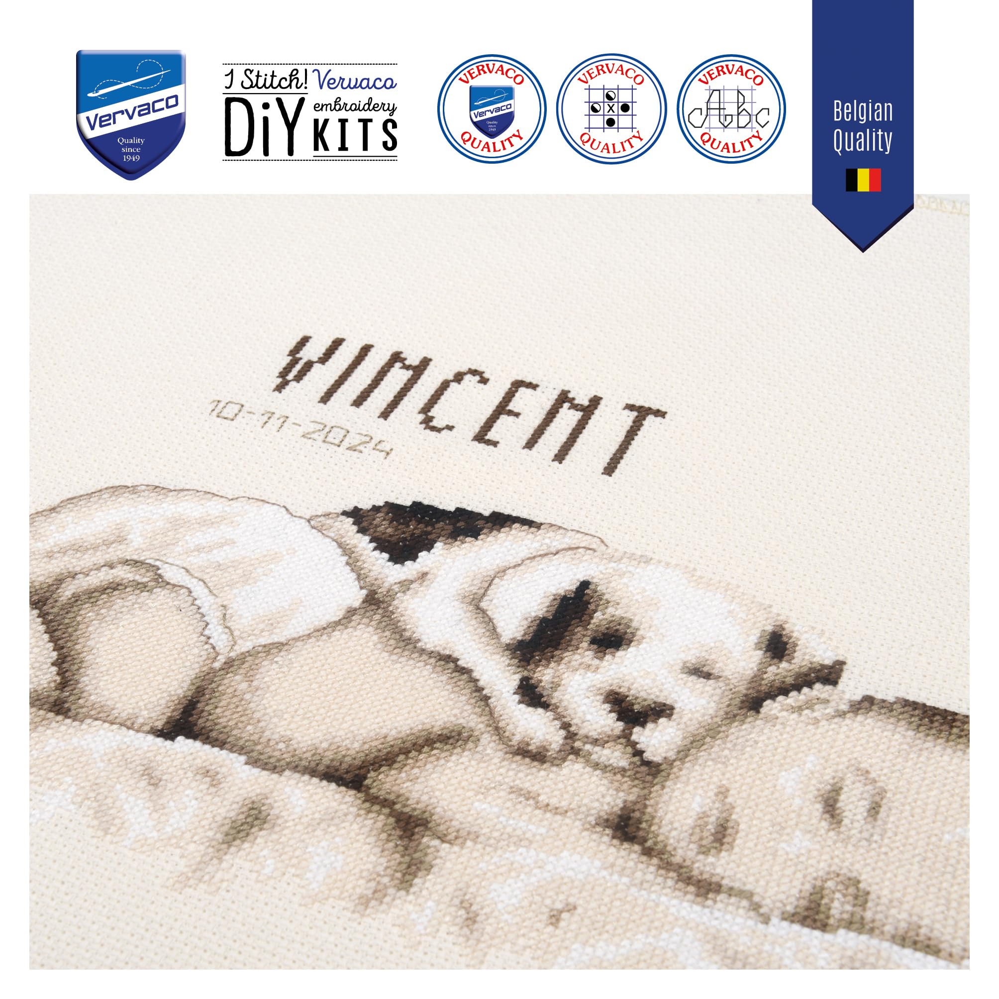 VERVACO Kit Punto De Cruz Bebe Nacimiento Regalos DIY Completo BEBÉ Y PERRO Creativo Manualidades Creatividad Adultos Decoracion Pared Bordar Kit Principiantes ca. 26 x 20 cm Cross Stitch