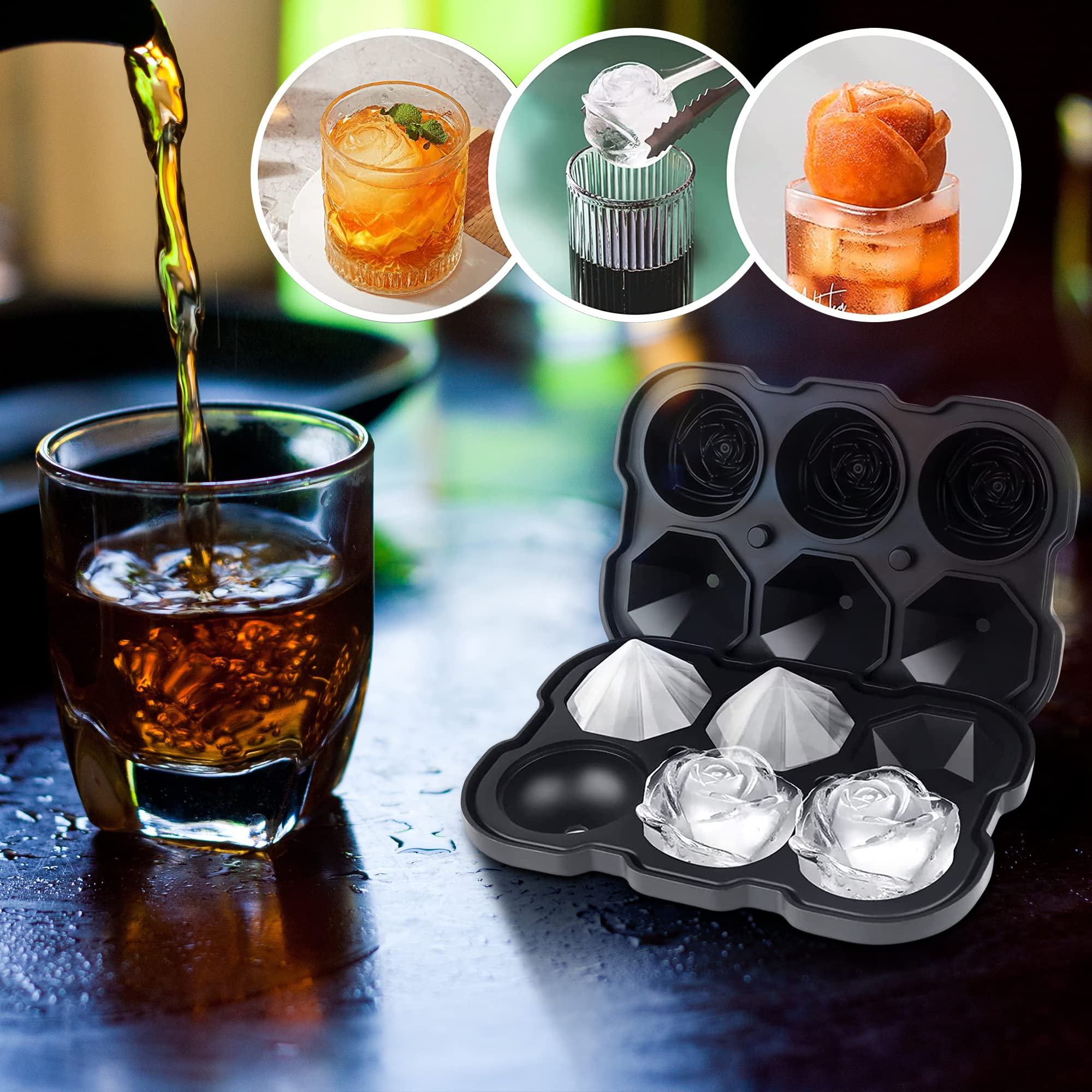 ZACHDEE Rose Ice Cube Tray - 6 Large Flower Ice Balls With Lids For Cocktails & Drinks