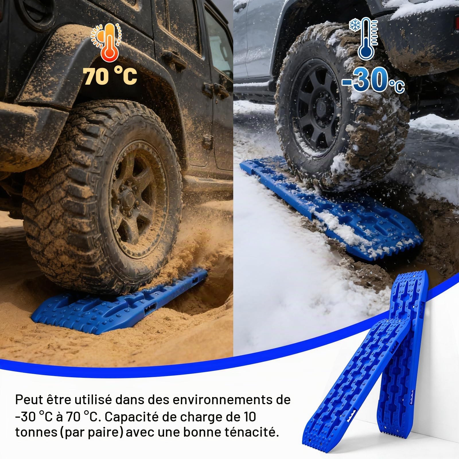 EXLECO Lot de 2 Plaque Desensablage Tapis de Traction Tout Plaque de Désenlisement Camping Car Tapis de Traction en Plastique Accessoire Off Road Planche de Récupération pour Boue Sable Neige Bleu