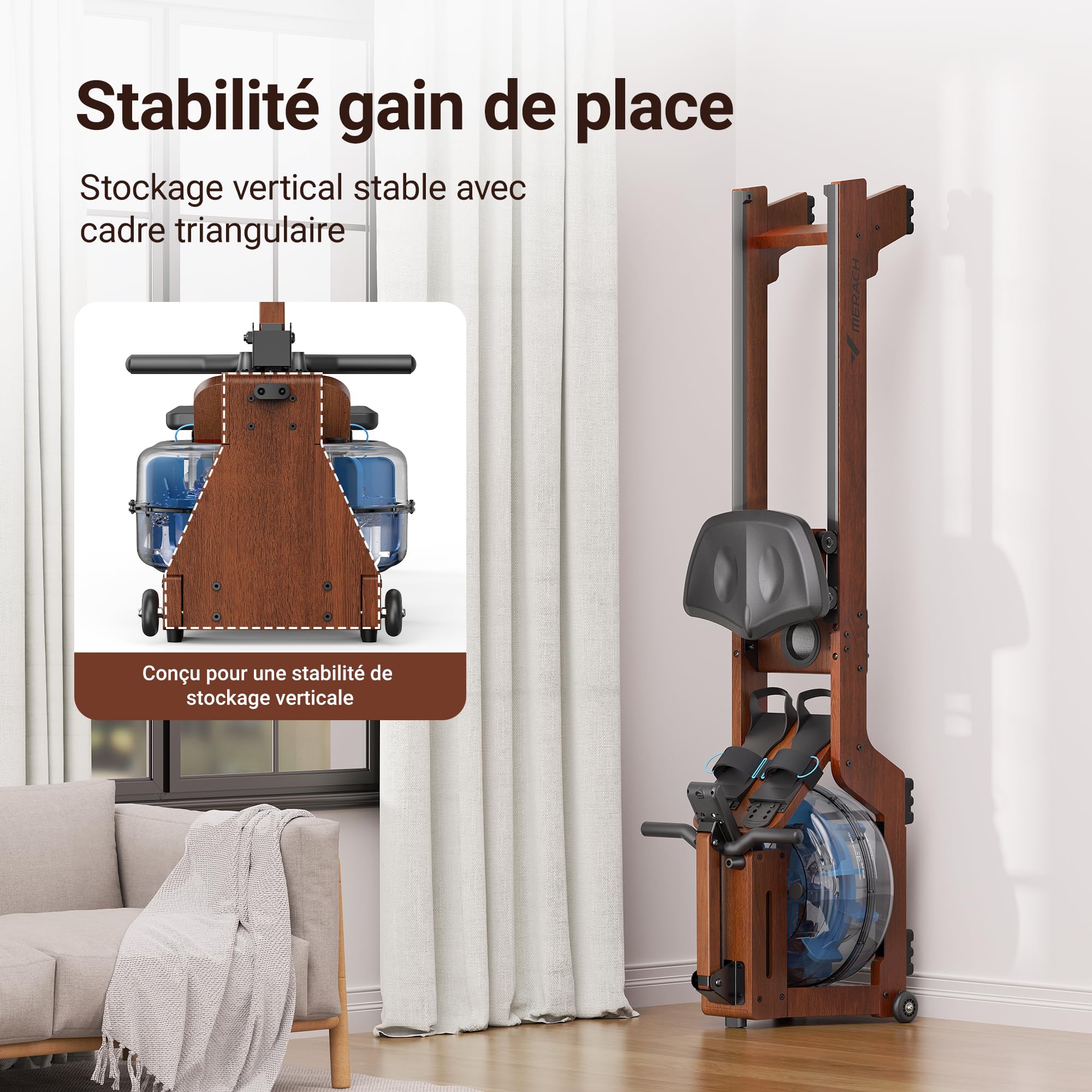 MERACH Rameur d'appartement, Expérience d'aviron Immersive avec Bois d'hévéa et réservoir d'eau de 22 L et APP Exclusive, Moniteur Professionnel et Support de Tablette(R14)