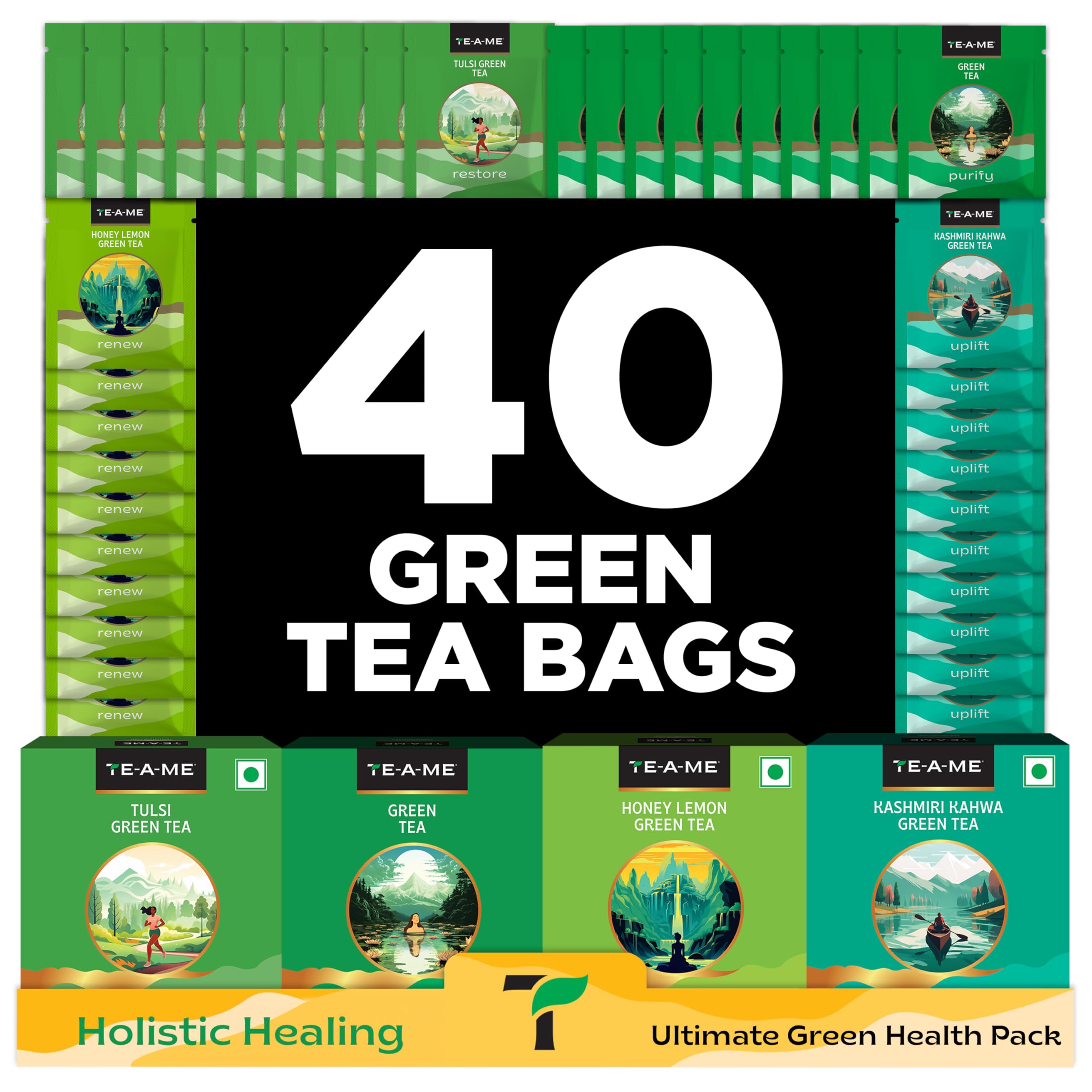 Assorted Green Tea Bags 40 Pcs,60 Gram,Kashmiri Kahwa,Tulsi,Green,Honey Lemon | Tea Gift Set For Christmas & New Year Gifting