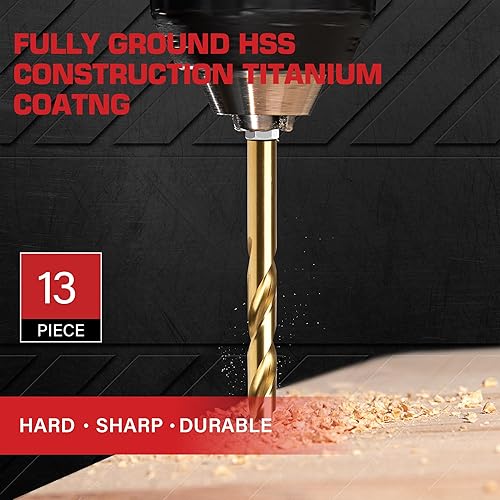 Miniatura 7 de Juego de 13 brocas de vástago hexagonal con revestimiento de titanio de 116 pulgadas, juego de brocas HSS de punta de 135 grados, brocas de impacto