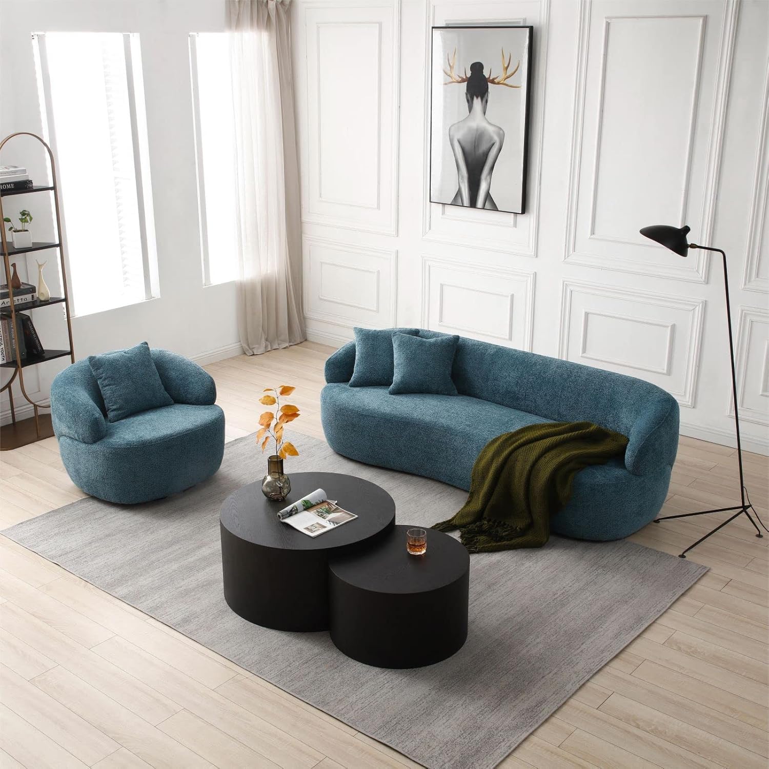 KEVINSPACE 86.61" Curved Sofa 2 Piece, Mid-Century Modern Curved Sofa and 35" W Swivel Accent Chair Set with 3 Throw Pillows, Upholstered Loveseat Couch for Living Room, Bedroom, Office, Hotel, Blue