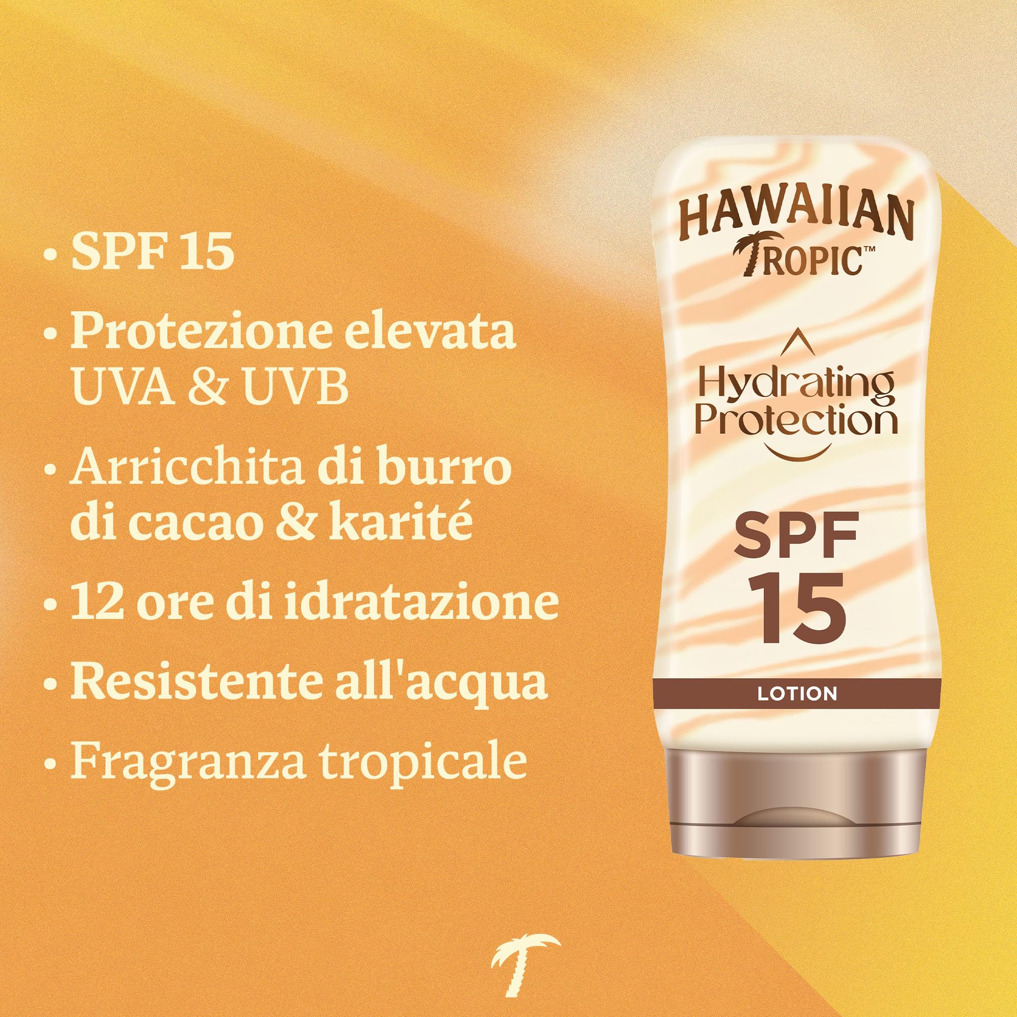 Hawaiian Tropic Lozione Solare Protettiva Idratante, Crema Resistente all'Acqua con Protezione SPF 15 UVA e UVB, Lozione Solare, 12 Ore di Idratazione con Burro di Cacao e Burro di Karité, 180 ml
