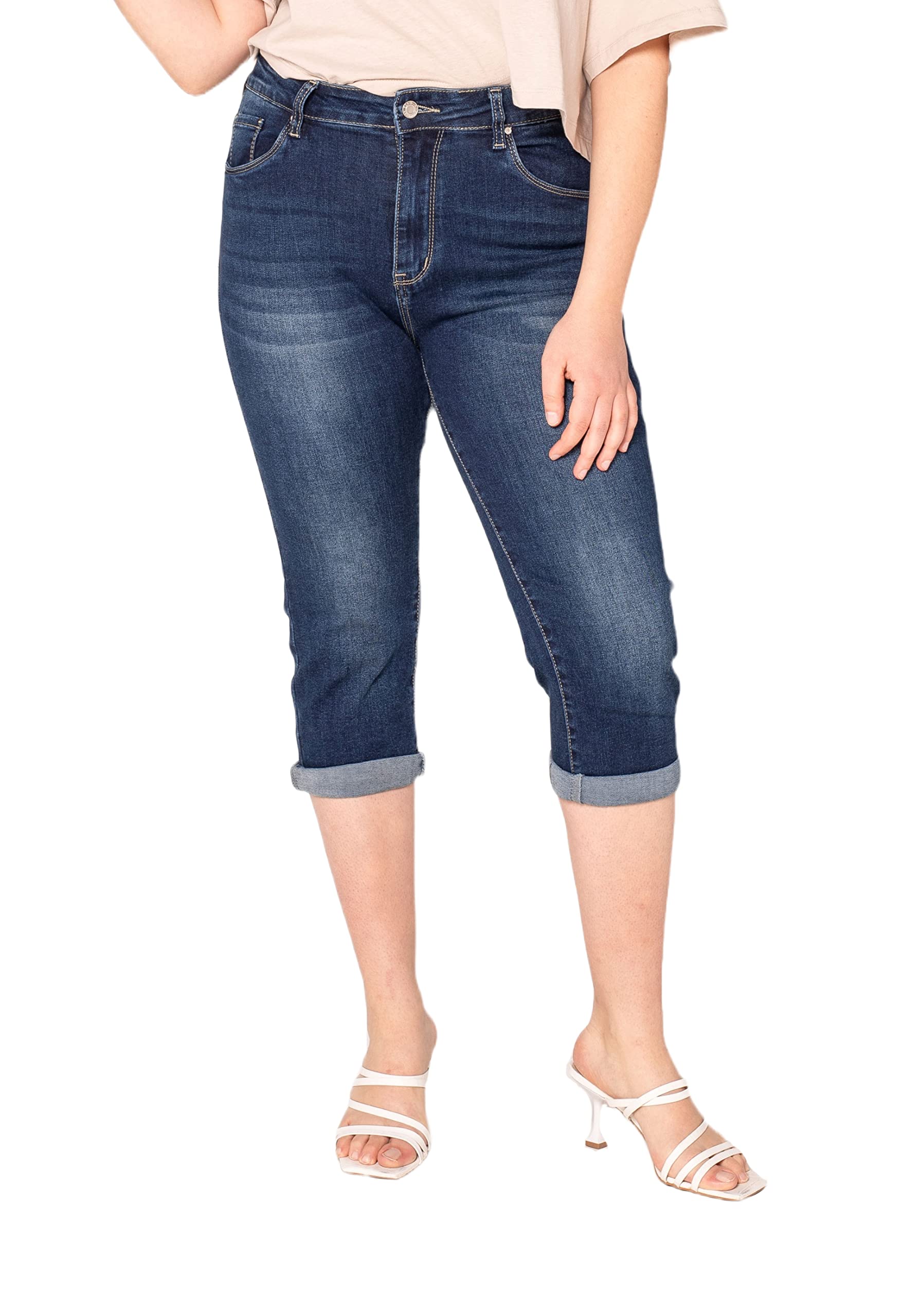 Nina Carter P200 Jean Capri Femme Grande Taille Stretch Taille Haute Jean 3/4 Style Décontracté Usé Pantacourt d'Été Élastique