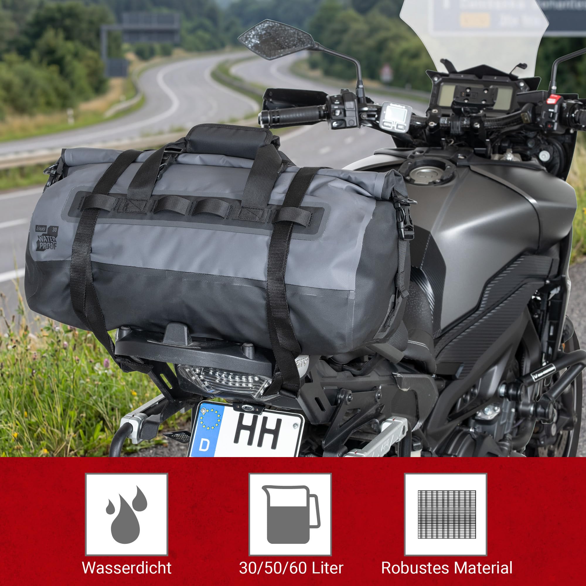 Louis Motorrad Gepäckrolle wasserdicht – Hecktasche mit Rollverschluss, wasserdichte Gepäcktasche für Reise, Tour und Alltag, 30/50/60 Liter (30 l)
