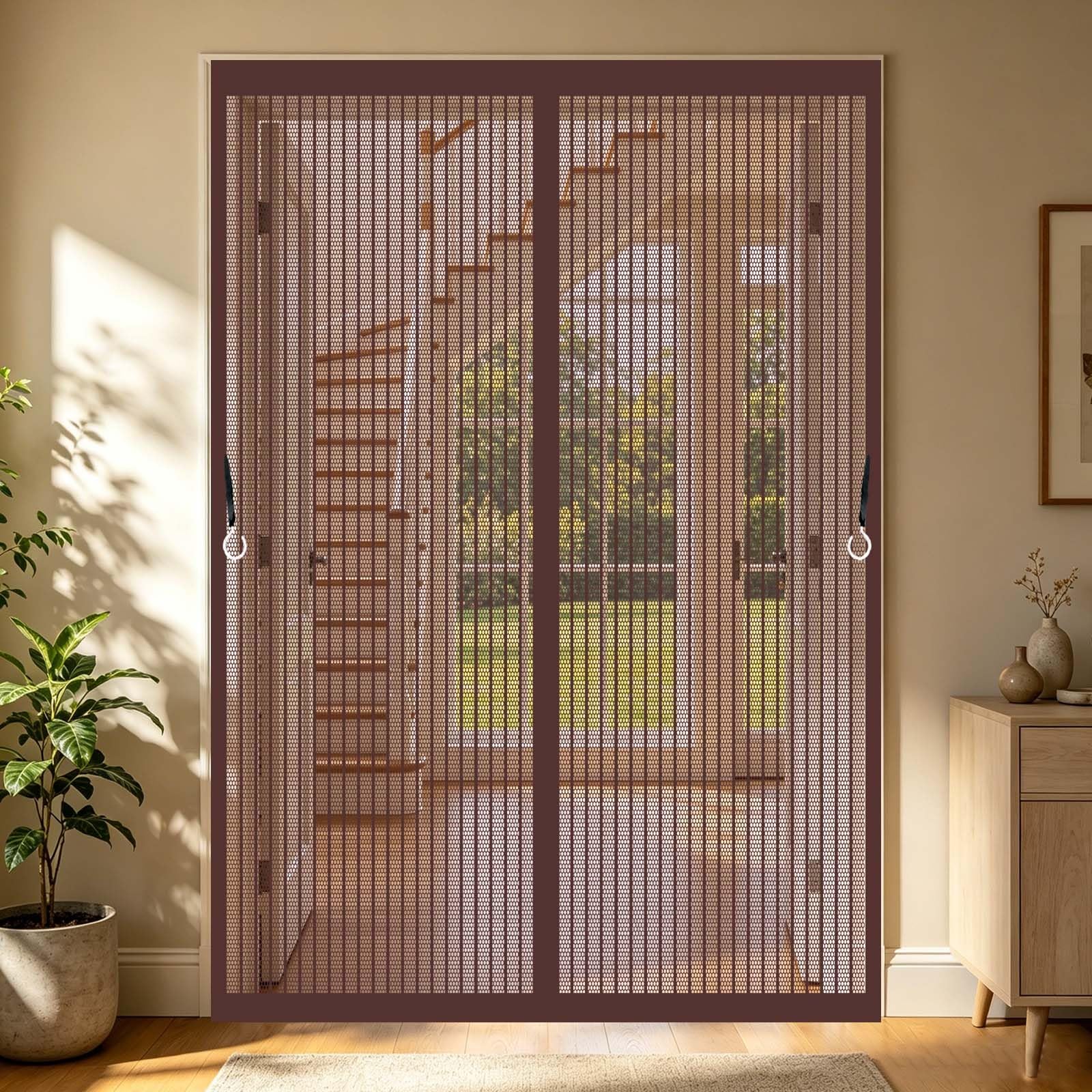 Magnetic Screen Door 124 x 214 cm with Powerful Magnets, Lets Fresh Air in, with Stay Open Buckles Mosquito Door Screen Magnetic Fly Curtain for Terrace, Cellar, Brown