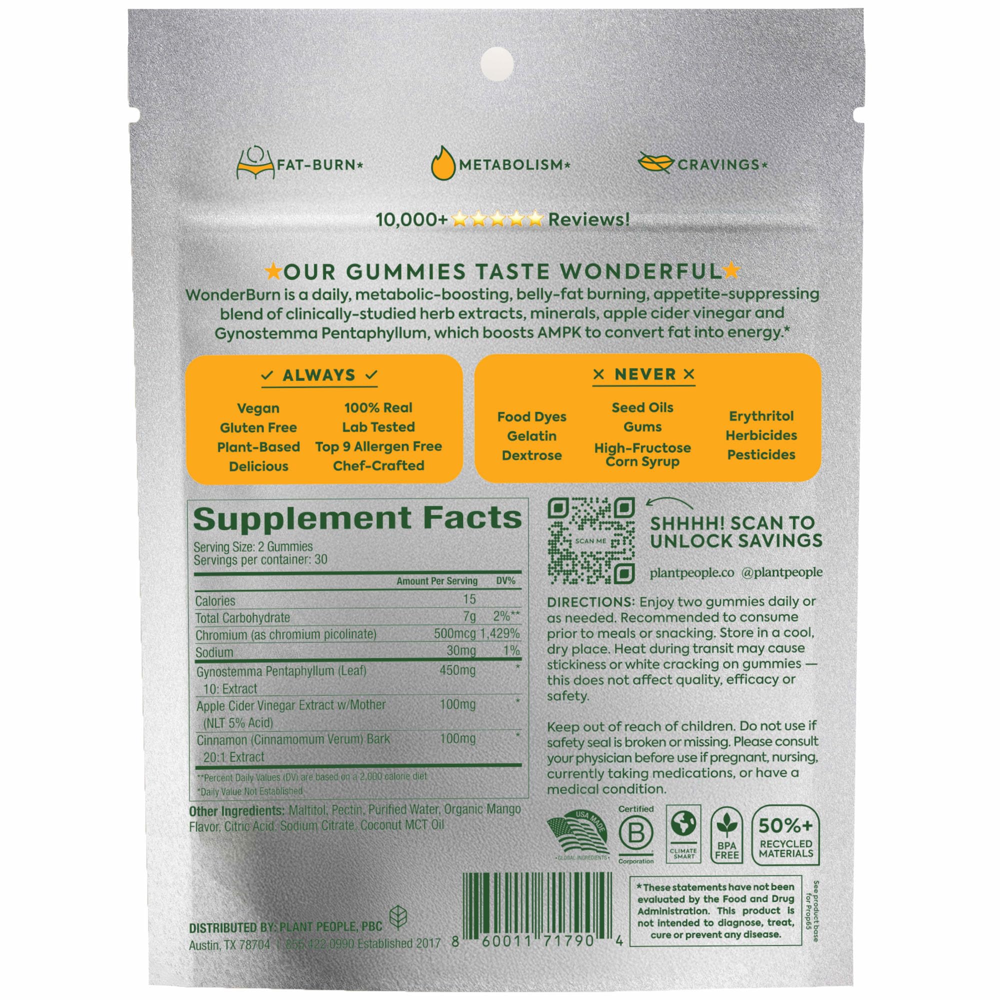 Plant People WonderBurn Metabolism Gummies, Ripe Mango Flavor (60 Count) — Amazon image 11
