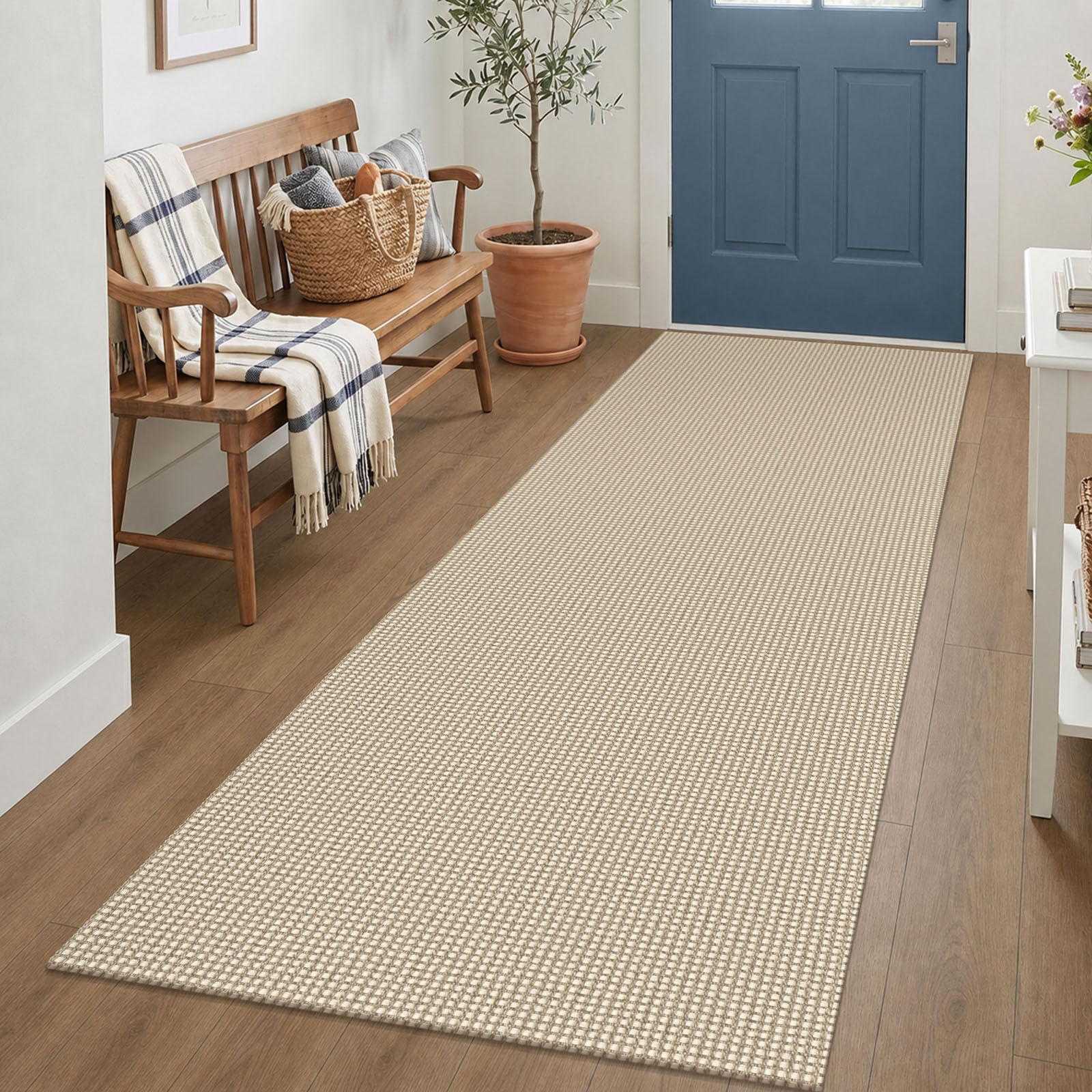 IOHOUZE Washable Runner Rug 3x7 Non Slip Rubber Backed Wide Hallway Runner Entryway Runner Indoor, Kitchen Rugs Woven Floor Carpet for Hall Entrance Bedroom, Cream/Beige