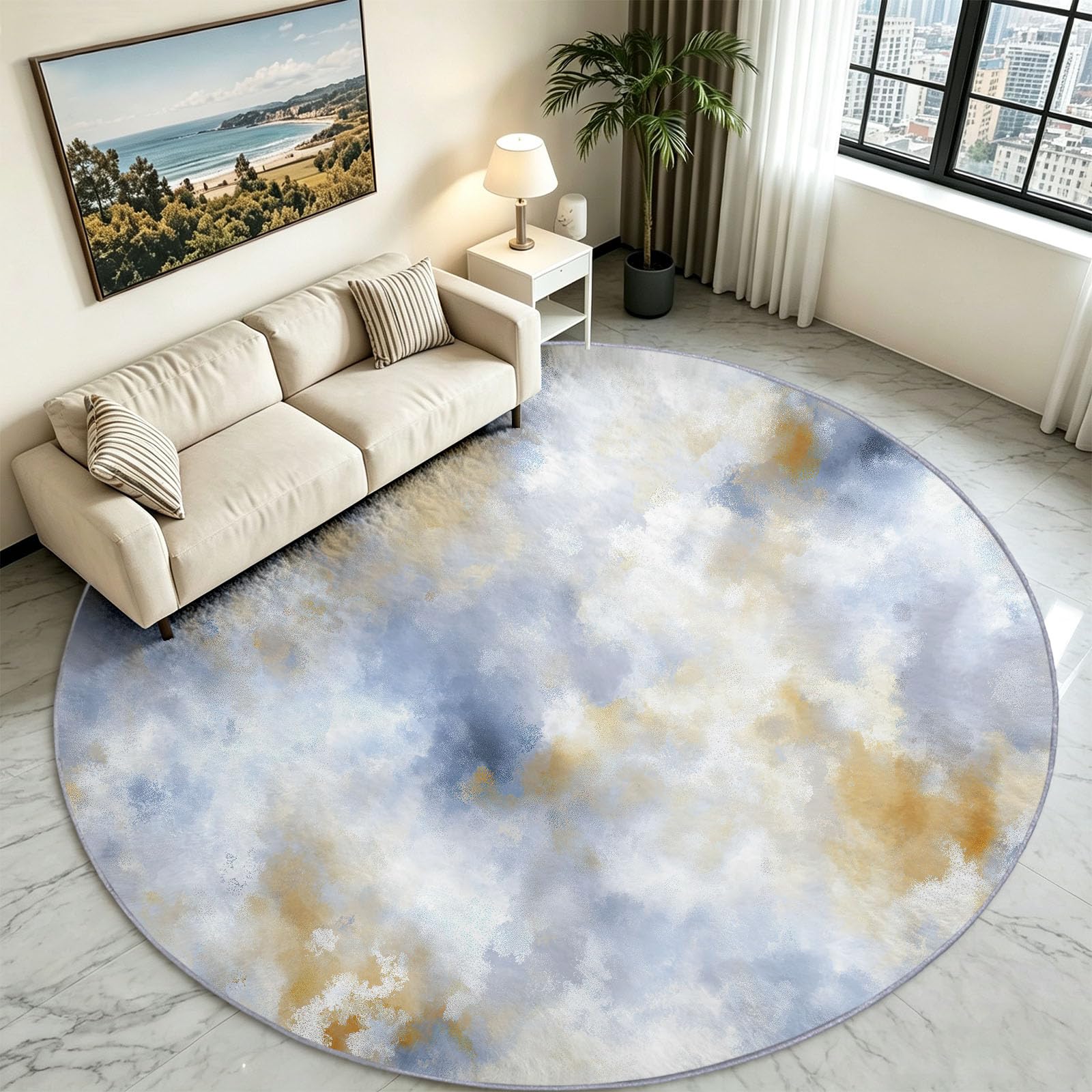 Tappeto rotondo da 170 cm, lavabile, antiscivolo, con nuvole che scorre, blu, morbido, resistente alle macchie, motivo astratto sognante, per soggiorno, camera da letto, comodino, camera dei bambini