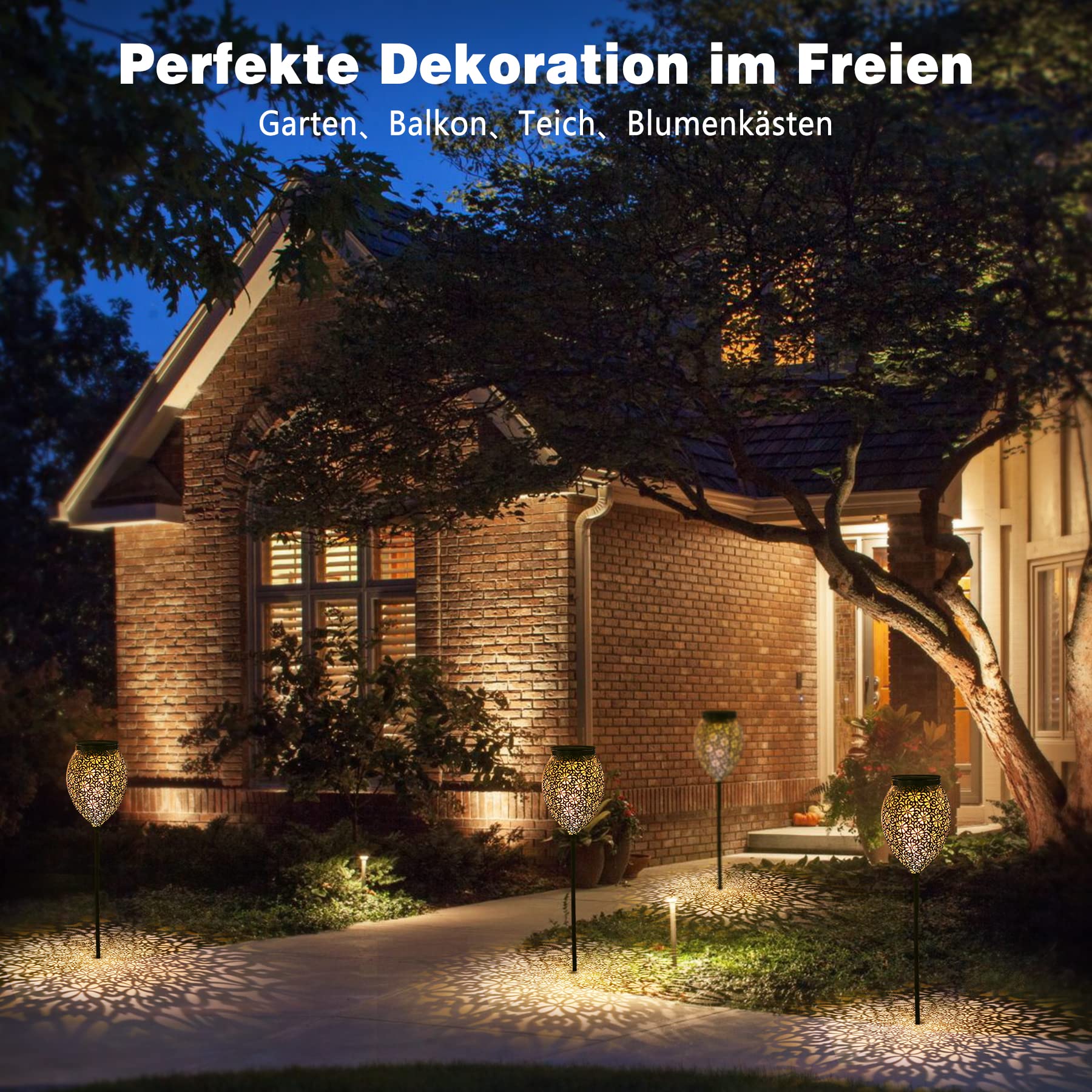 Solarleuchten für Außen Metall 6 Stück, IP65 Wetterfest Solarlampen für Außen Gartenstecker mit Blumenmuster, Vintage Gartenbeleuchtung Solar Wegeleuchten Höhenverstellbar, Weihnachtsdeko für Frauen