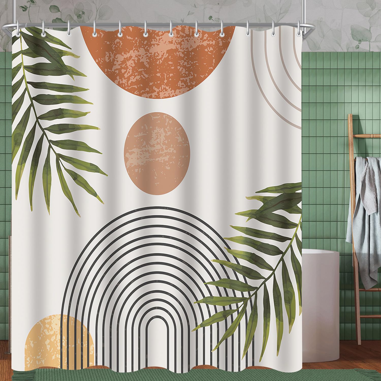Lerores Shower Curtain 180 x 170 cm Leaves Line, Weighted Hem, Anti-Mould Textile, Water-Repellent
