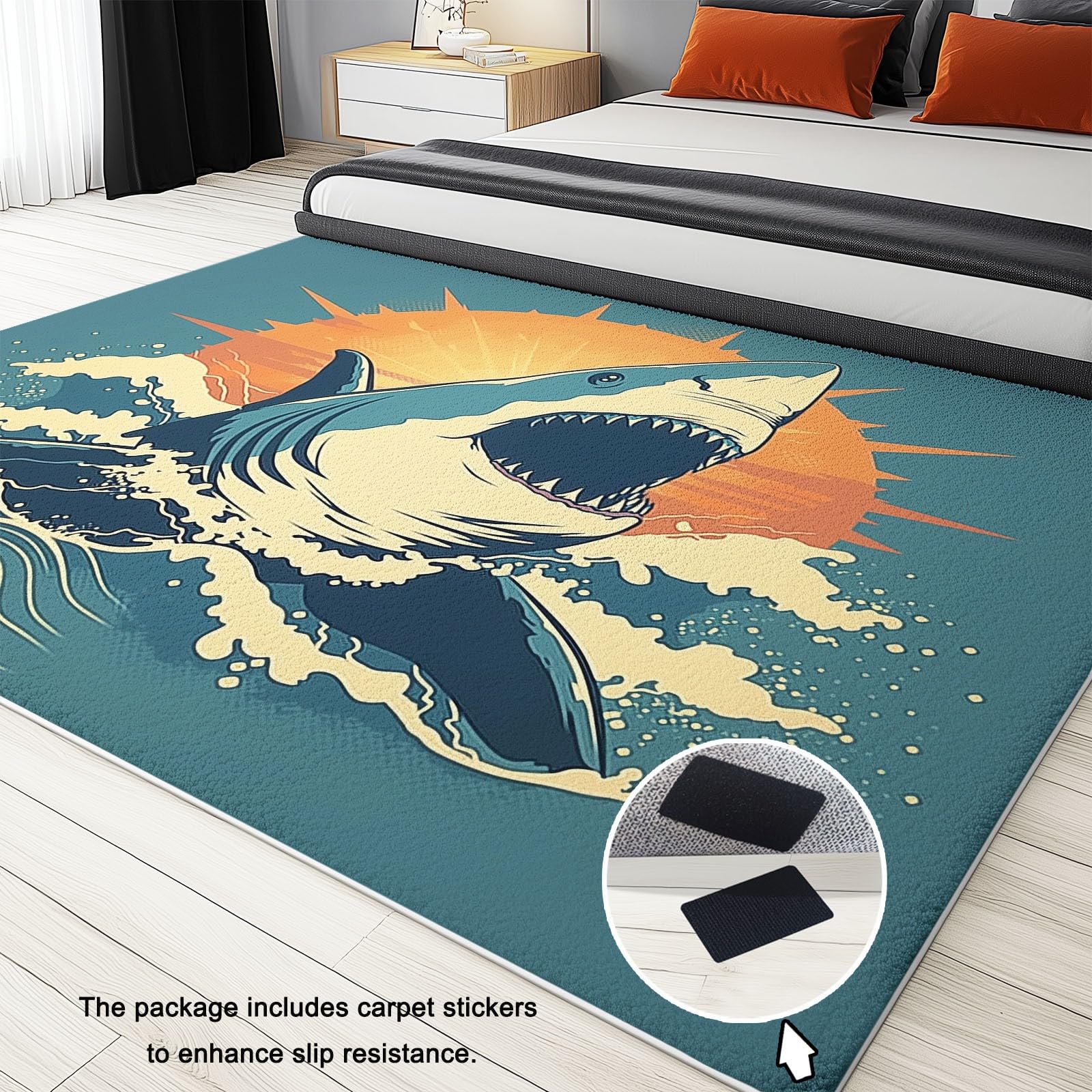 Générique Tapis de Salon Lavable en Machine 140 x 200 cm Doux à Poils Courts Moelleux Surf Vintage Tapis antidérapant, Requin Soleil Vague Style Rétro pour Le l'entrée, la Chambre et la Cuisine