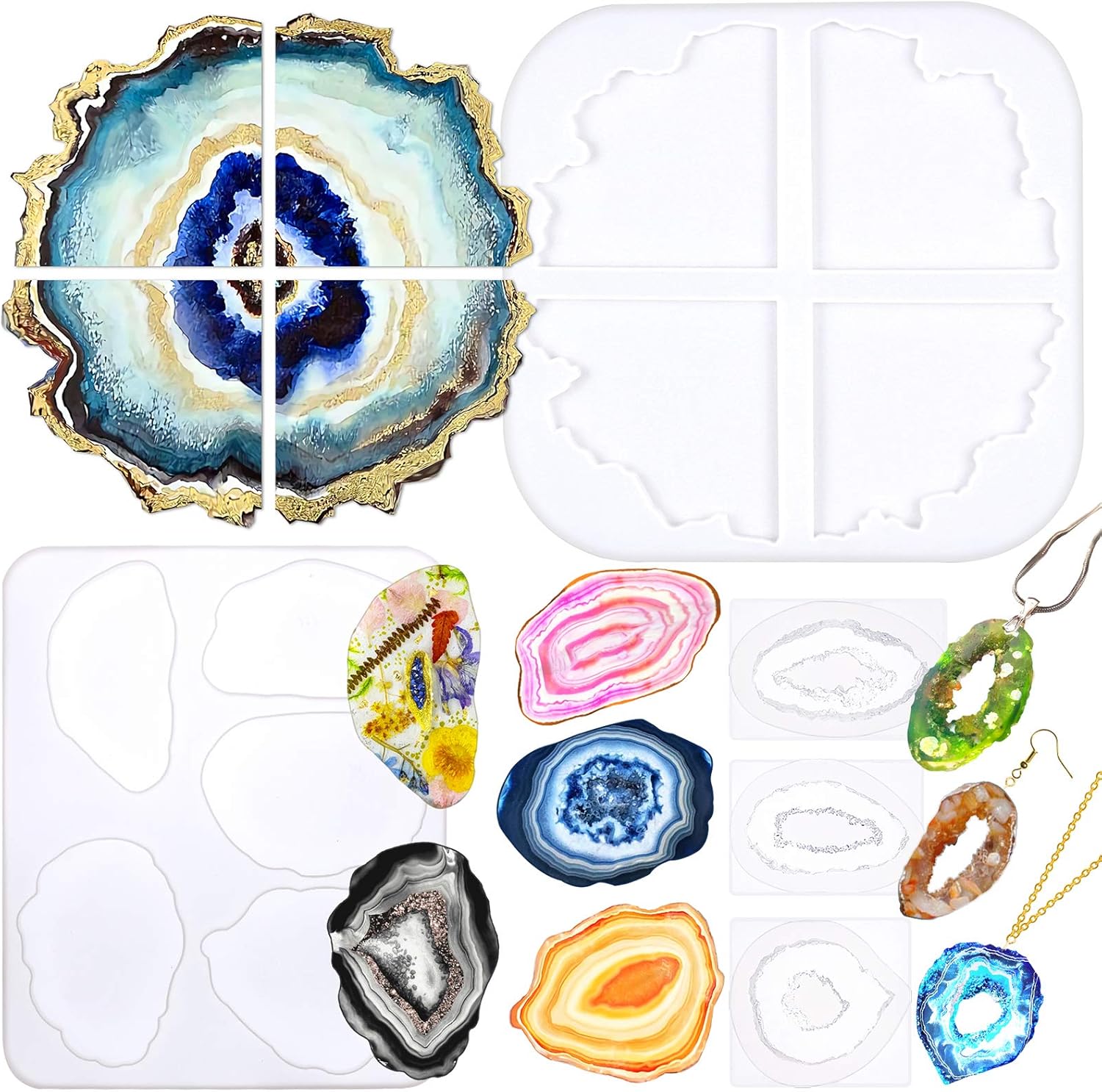 Geode Agate Coaster Silicone Epoxy Resin Molds 11 Shapes Assortment 1.4inch-5.2inch for Polymer Clay Craft Soap Jewelry Making Concrete Cement