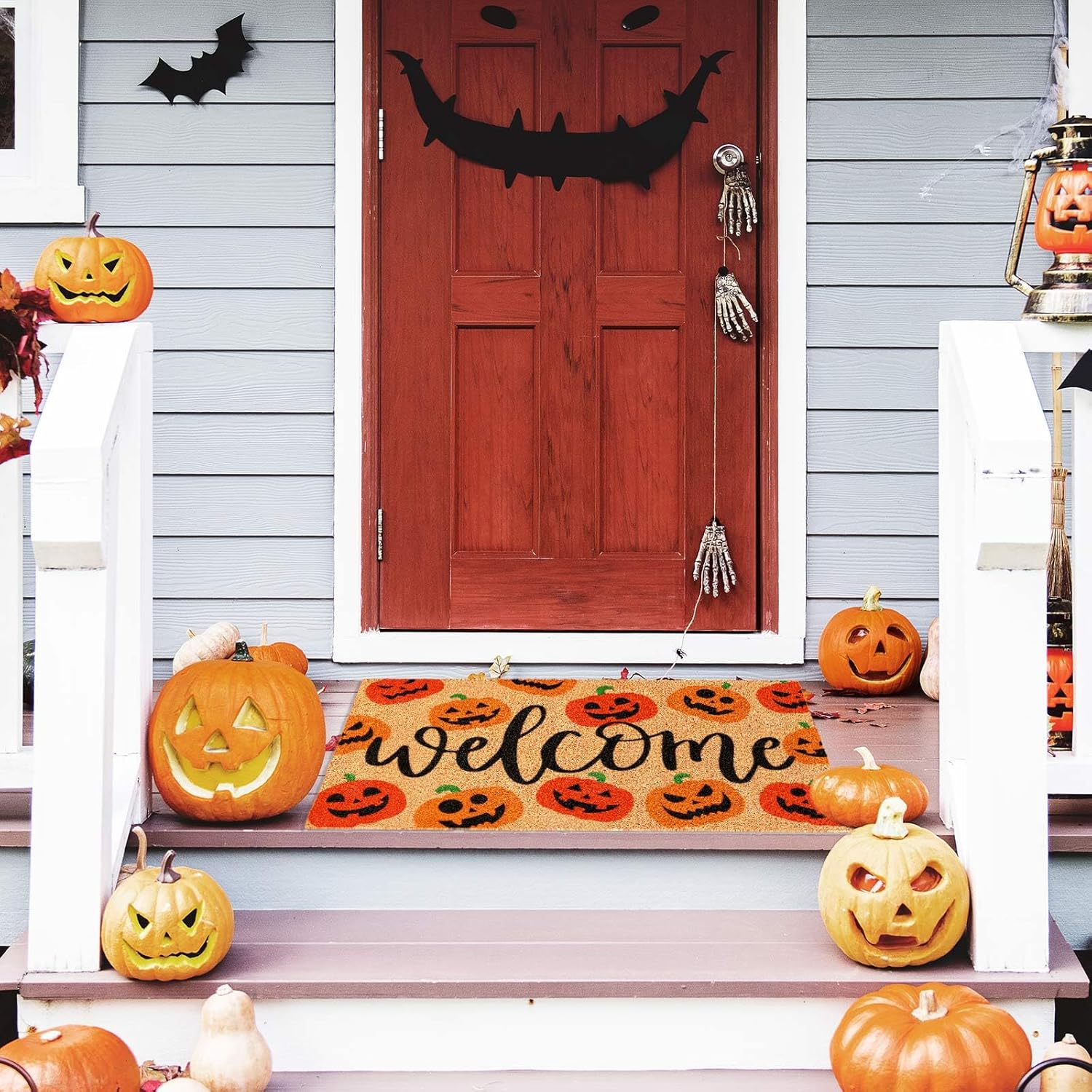 JarThenaAMCS Halloween Natural Coir Doormat Red Orange Evil Pumpkin Welcome Floor Mat Non-Slip Entrance Door Rugs for Indoor Outdoor Bathroom Decor, 16.5 x 29 Inch