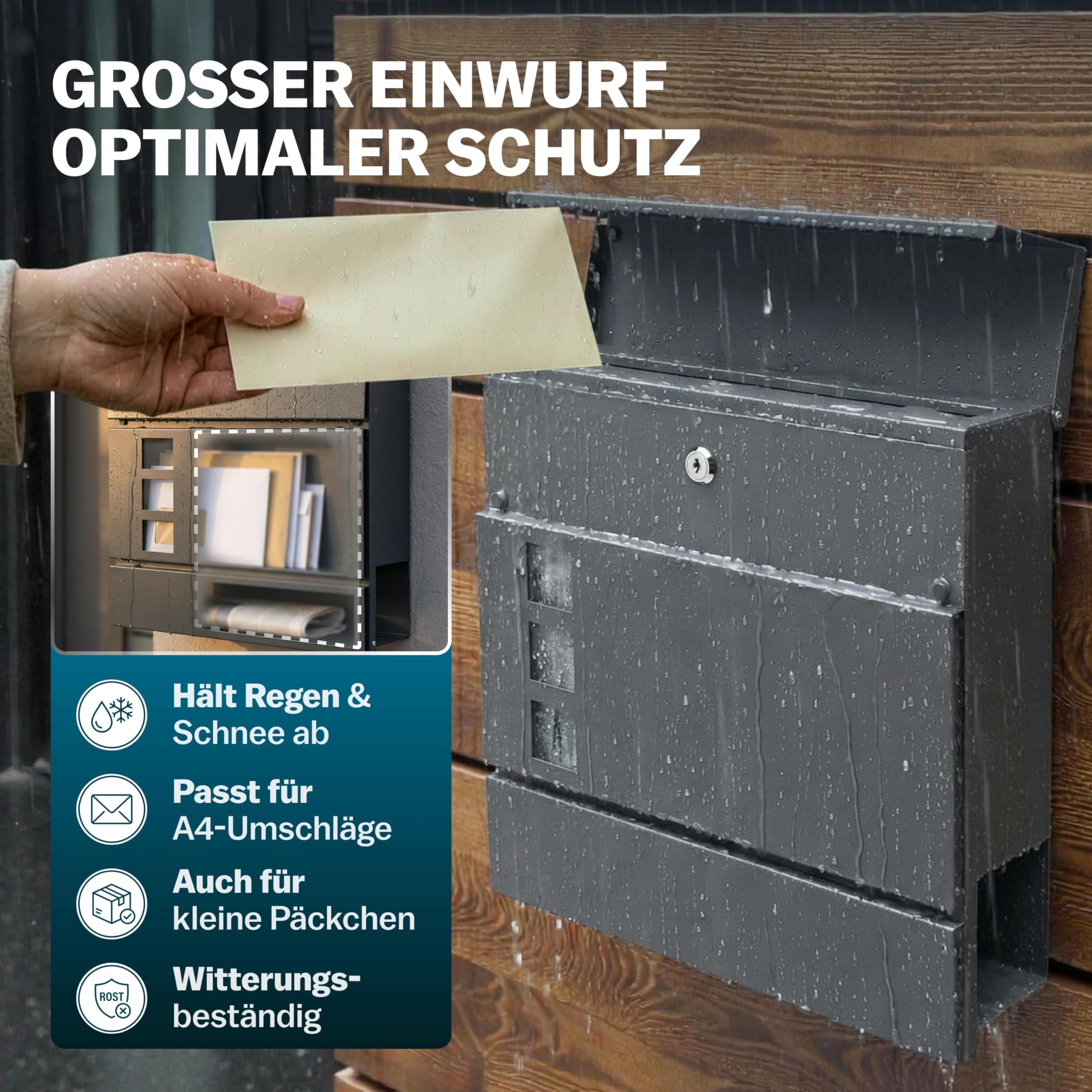 MONZANA® XXL Briefkasten Postkasten mit Zeitungsfach Sichtfenster abschließbar 2 Schlüssel Montagematerial Stahl modern einfache Montage Zeitungsrolle Wandbriefkasten Anthrazit