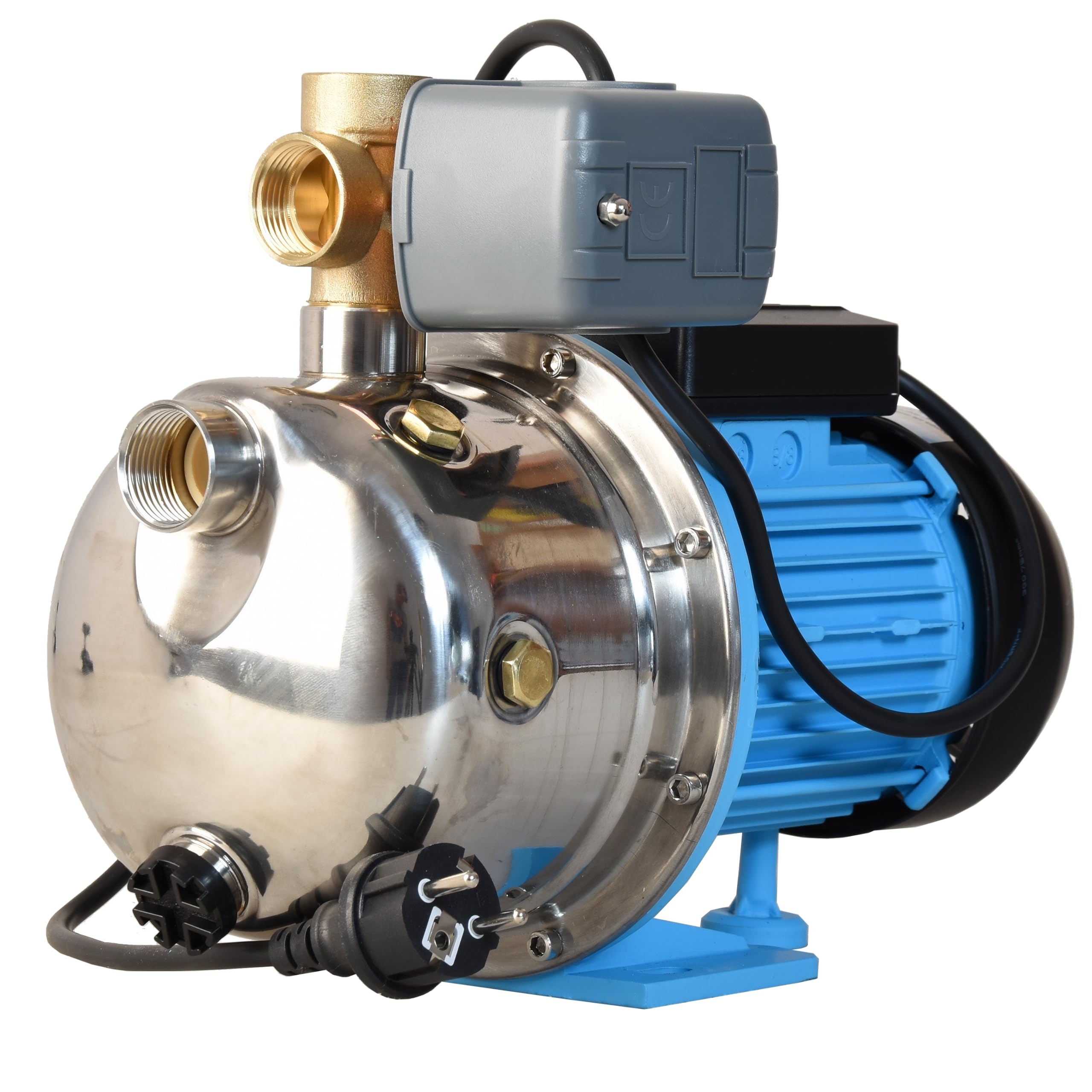 Pompe à Eau JX 1100 - Pompe de Surface (1100 W, 3600 l/h hauteur de refoulement 50 m) avec Manomètre Pressostat Raccord 5 Voies - Acier Inoxydable INOX - Pompe d’arrosage de Jardin - pour le Réservoir