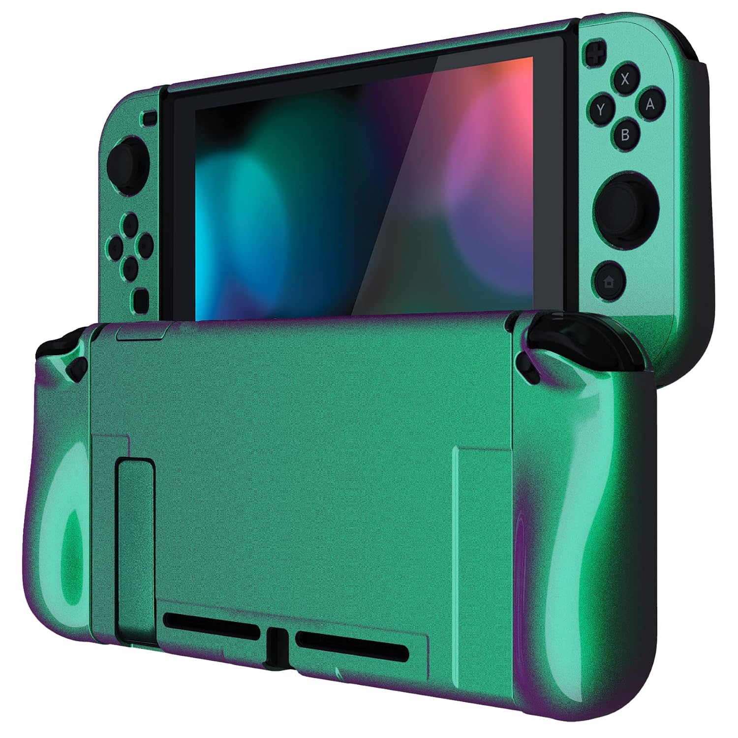PlayVital Ergonomic Grip Case for Nintendo Switch, Upgraded Protective Hard Case Protector for Switch - Shock-absorbent Anti-Scratch Dockable Durable Cover Game Accessories, Chameleon Green Purple