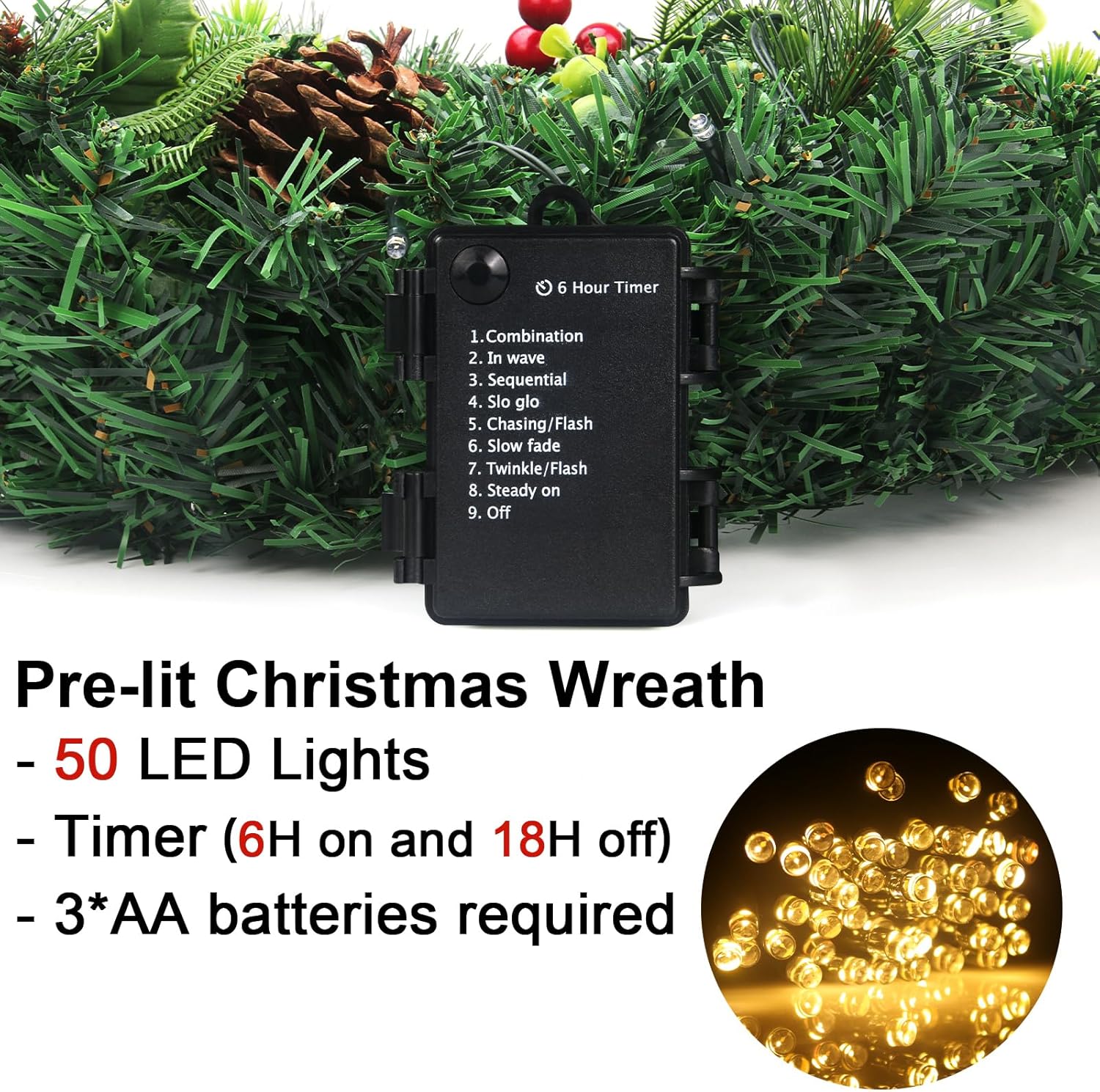 24" Prelit Christmas Door Wreath with Timer - 50 LED - Waterproof Battery Operated Artificial Wreath with Pinecone Berries and Bowknot for Christmas Decorations Including Wreath Hanger