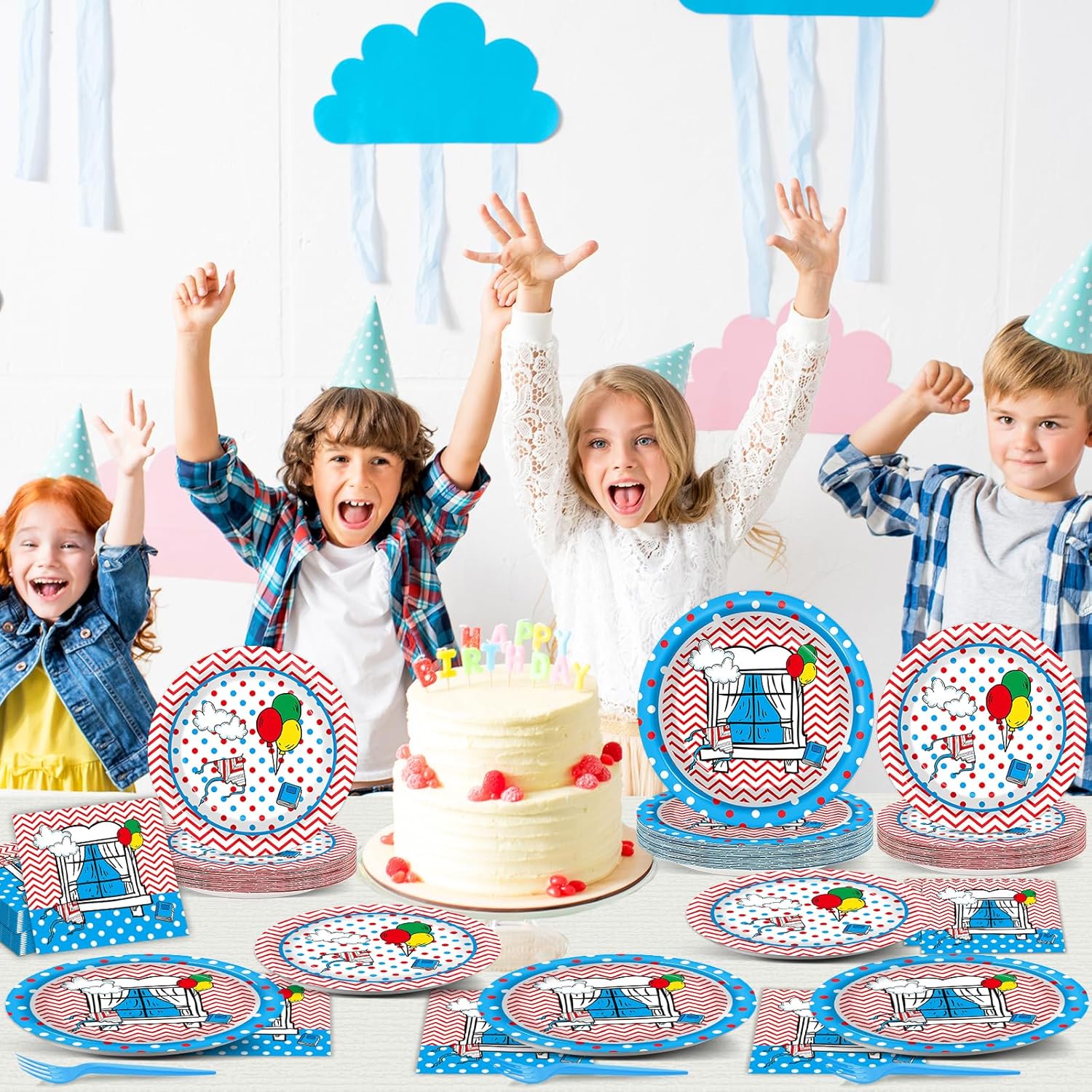 96Pcs Cat with Hat Birthday Party Supplies Cartoon Dr. Cat Birthday Paper Plates and Napkins Red and Blue Stripes Disposable Tableware Dinnerware Set Cats Themed Party Decorations for Kids Baby Shower