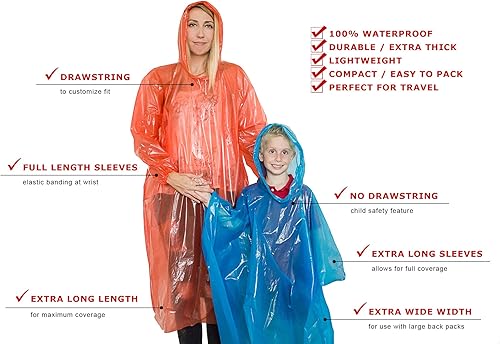 Miniatura 2 de Lingito Paquete familiar de ponchos de lluvia, poncho de emergencia con capucha con cordón para niños y adultos, ligero, reutilizable o desechable