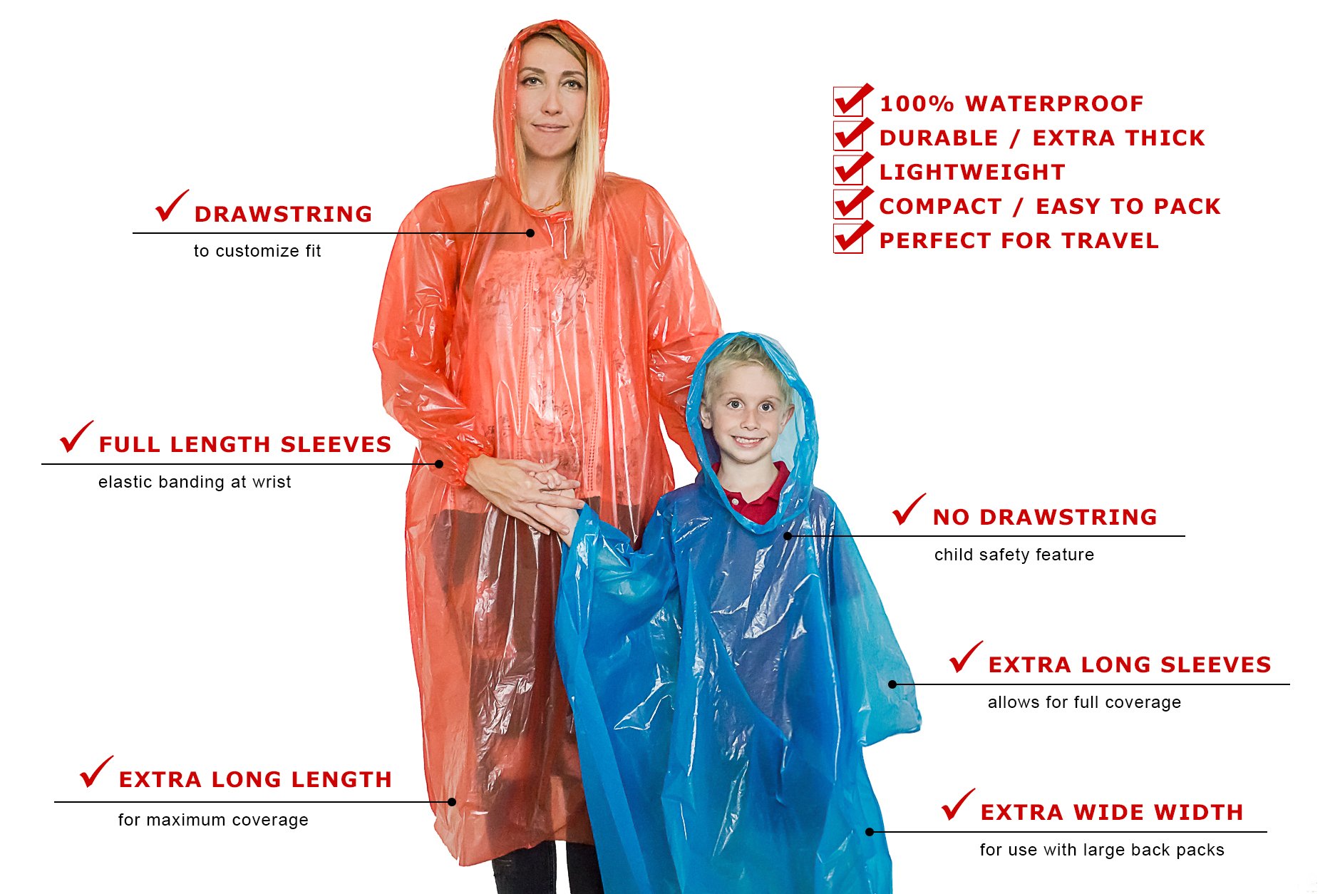 Lingito Poncza przeciwdeszczowe Family Pack - Awaryjne ponczo z kapturem ze sznurkiem dla dzieci i dorosłych, lekkie, wielokrotnego użytku lub jednorazowe