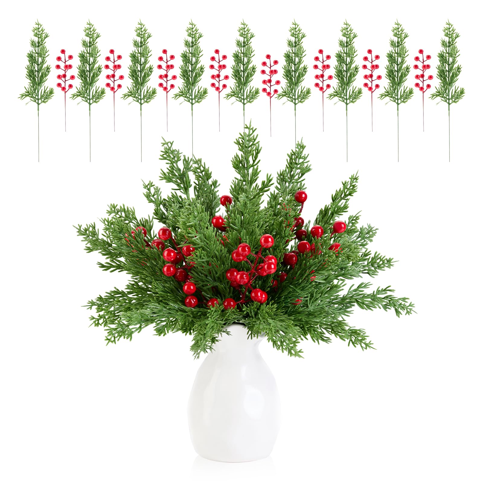 Künstliche Tannenzweige mit roten Stechpalmenbeerenstielen, künstliche immergrüne Tannenblätter, künstliche Blätter, Tannennadeln, Picks für Weihnachten, DIY, Handwerk, Girlande, Heimdekoration