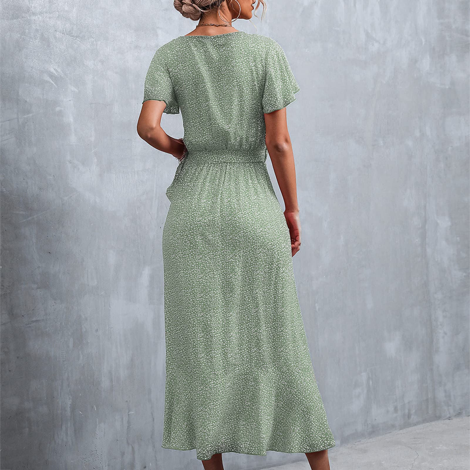 Cocoarm Robe de Femme Robe Cache-cœur à imprimé Floral Robe à col en V à Fleurs Robe Longue à Fleurs pour Femmes Robe Cache-cœur à Fleurs Robe de Plage élégante Robe D'été Ample(L-Vert)