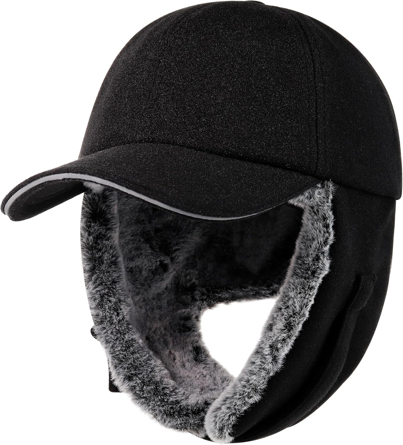 Gisdanchz Faux Fur Lined Wool Blend Baseball Cap with Long Earflaps, Baseball Cap Style Bomber Hat for Cold Weather
