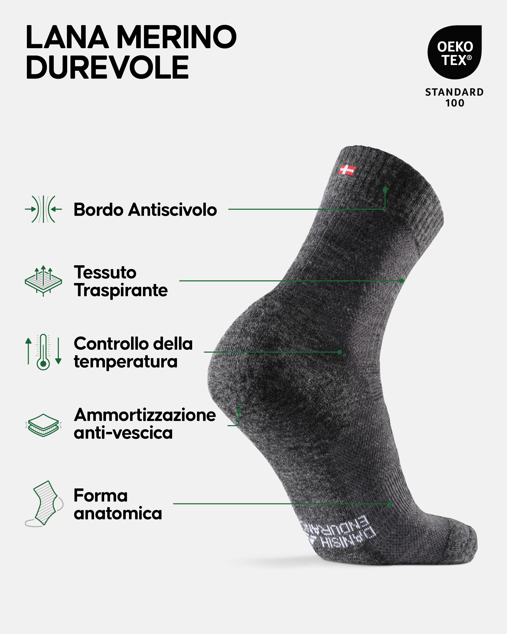 DANISH ENDURANCE Calze Trekking Lana Merino, Calze Termiche Anti-Vesciche, Traspiranti, Calzini Invernali Escursionismo Unisex, 1 o 5 Paia