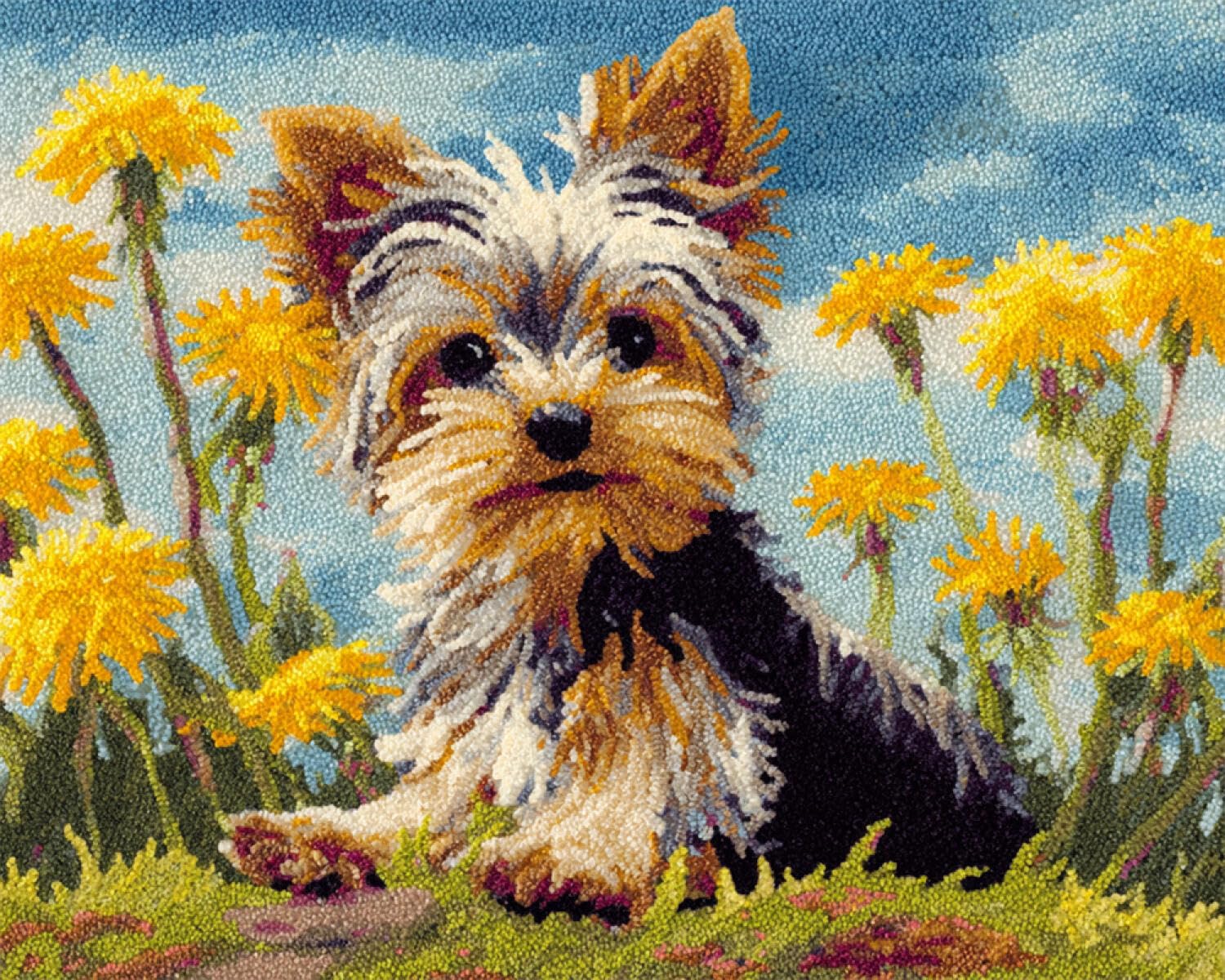 Henypt DIY Latch Hook Rug Kit Yorkshire Terriers and Flowers 60x90cm