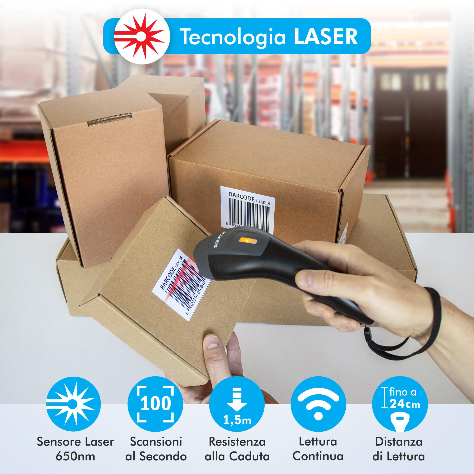Atlantis A08-LS1552-W Lettore Codici a Barre Barcode reader scanner Wireless 1D Laser (650nm), 270 scansioni sec, codice farmaceutico, collegamento USB, guida rapida.