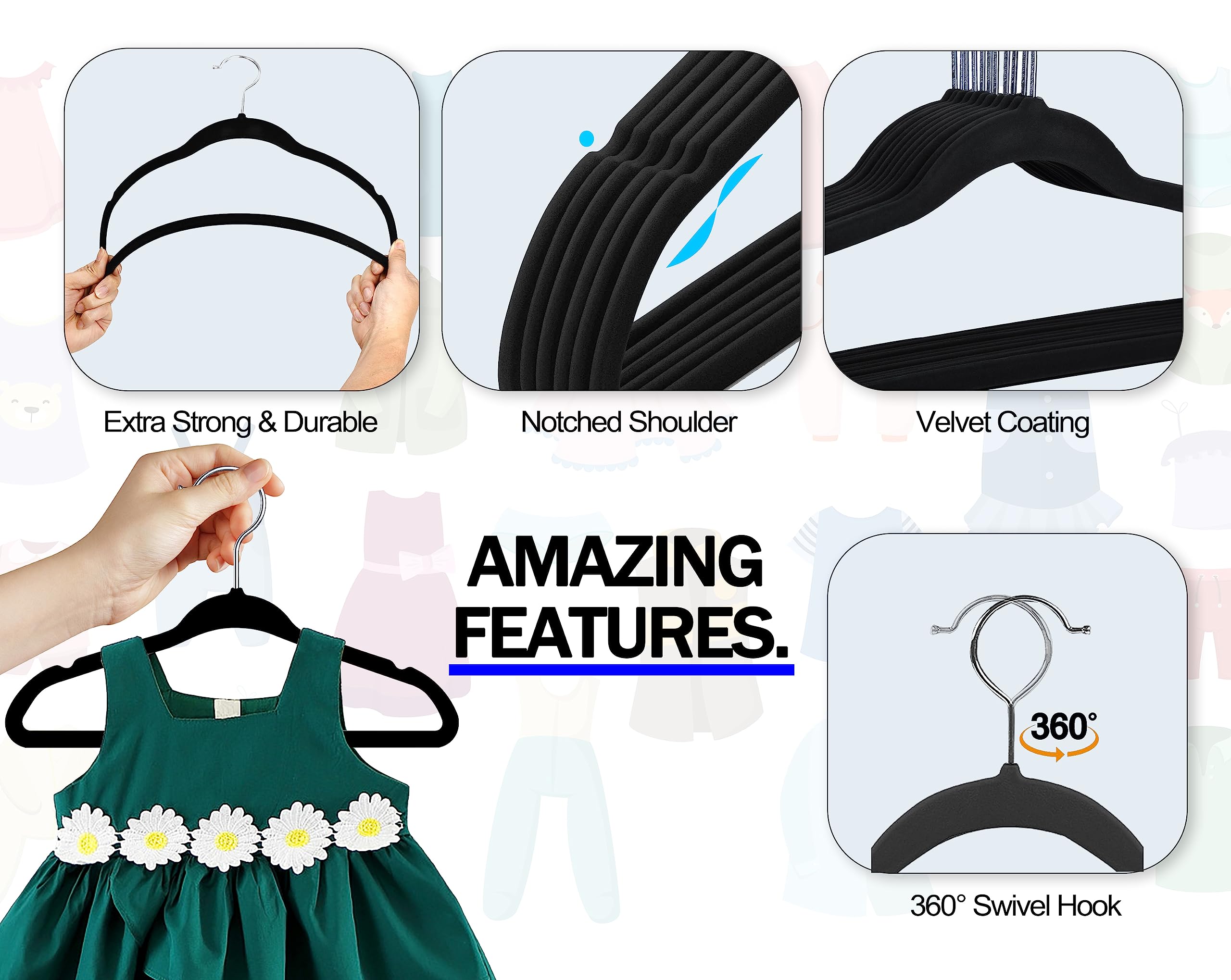 GVTECH Perchas de terciopelo para niños, [50 unidades] Perchas duraderas de tela para niños para armario – Percha perfecta para niños pequeños para uso diario, ganchos antideslizantes de 360° para