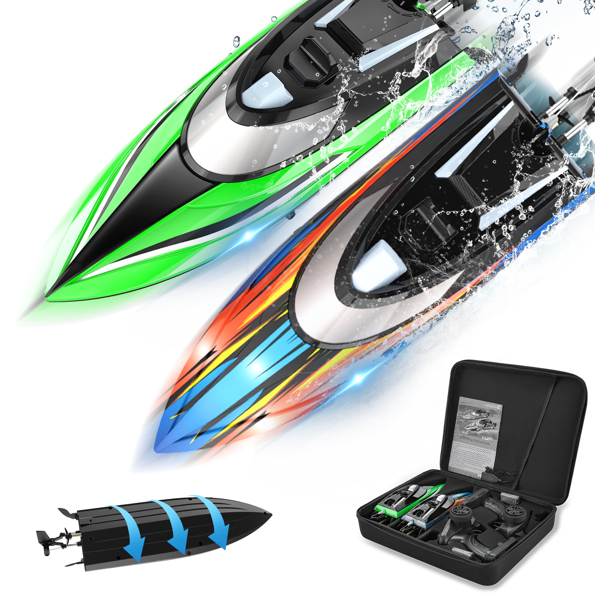 Photo 1 of BEZGAR Remote Control Boat, 2 Pack12 inch RC Boat with Case– Auto-Flip, 30 KPH Fast Speed, 8-Shaped Mode & LED Lights – Waterproof Racing Boats for Pools, Lakes, Oceans (Adults & Teens)