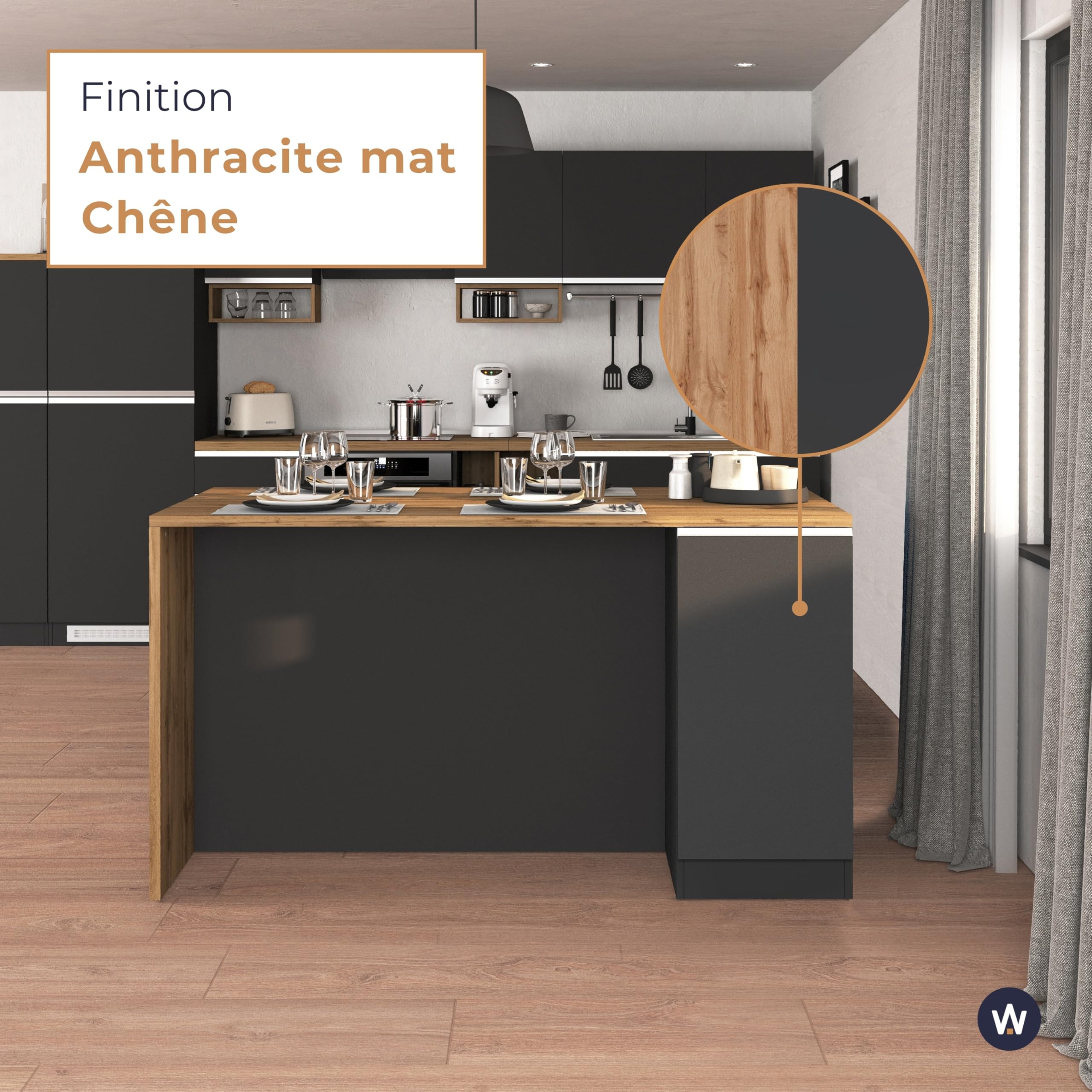 WHOUS Îlot de Cuisine Sole avec 2 Portes, Table à Manger et Plan de Travail, Idéal pour Cuisines Ouvertes et Petits Espaces, Dimensions 160 x 90 x 90 cm, Bicolore Anthracite Opaque et Chêne