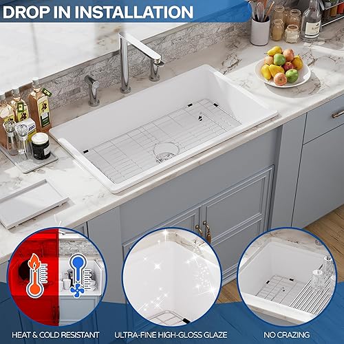 Miniatura 5 de Fregadero de cocina de 32 piezas para montaje bajo encimera y empotrado, 32 x 19 pulgadas, fregadero de cerámica de porcelana blanca, accesorios de