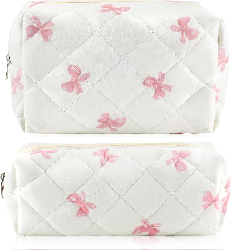 URSKYTOUS Kit com 2 necessaires de maquiagem de algodão matelassado, estampa de laço rosa, fechamento por zíper