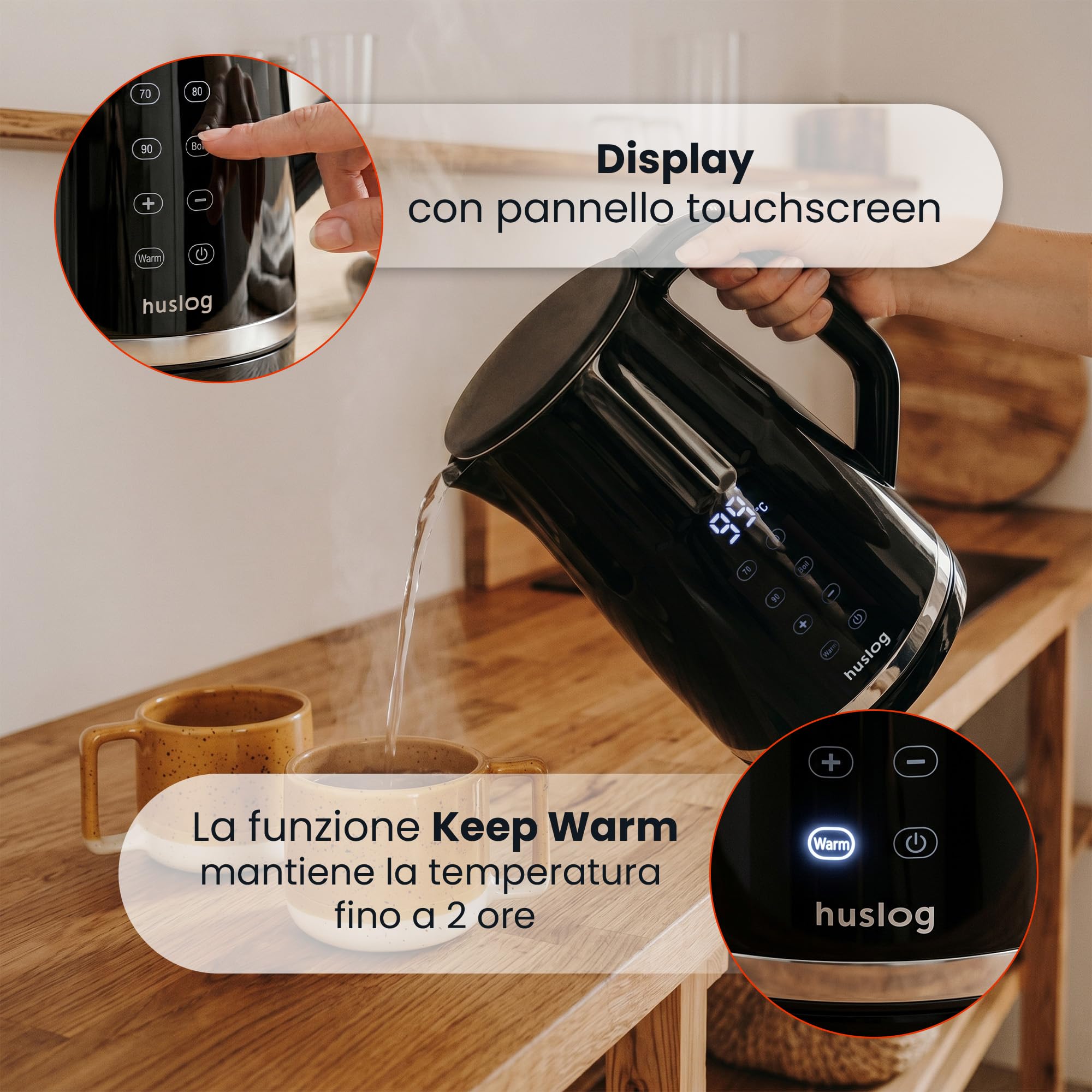 Bollitore elettrico da 1,7 l, 2200 W, con controllo della temperatura e pannello touch, design retrò, display LED, 4 programmi, 13 livelli, Keep Warm 2h, Cool Touch, acciaio inox 304, senza BPA