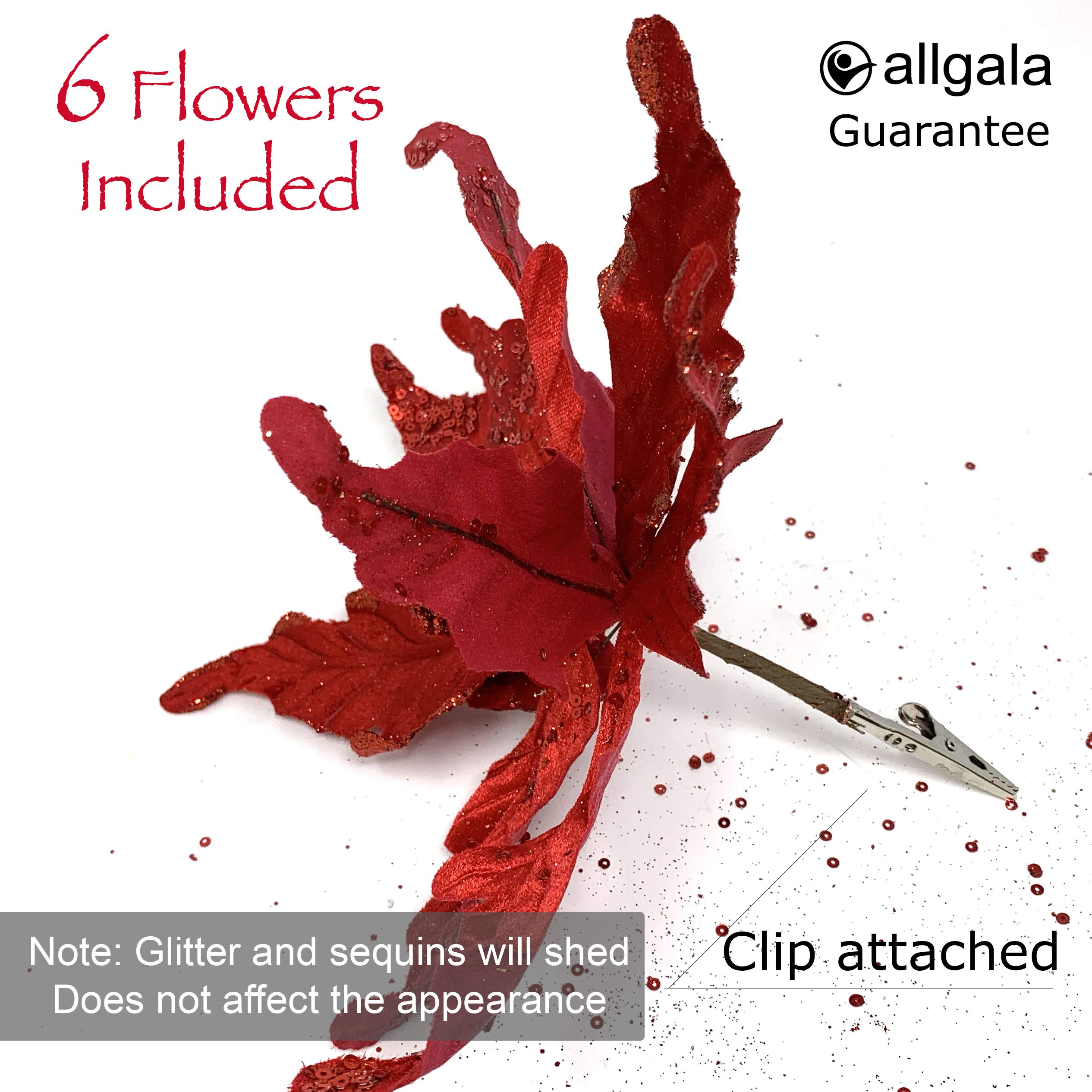 allgala 6-PK Glitter and Sequin Decorated Fabric Poinsettia Artificial Christmas Flower with Clips-Red-XF93303