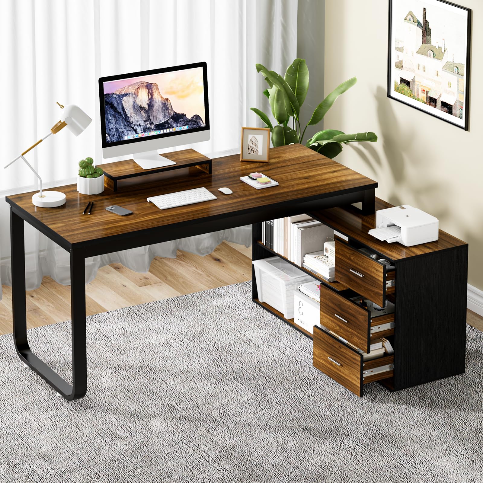 Home Office Computer Desk with Storage Shelfs, Desk with 3 Drawers, L Shaped Desk Long Desk Corner Desk with Removable Monitor Stand, 55 Inch Study Desk for Bedroom, Walnut and Black