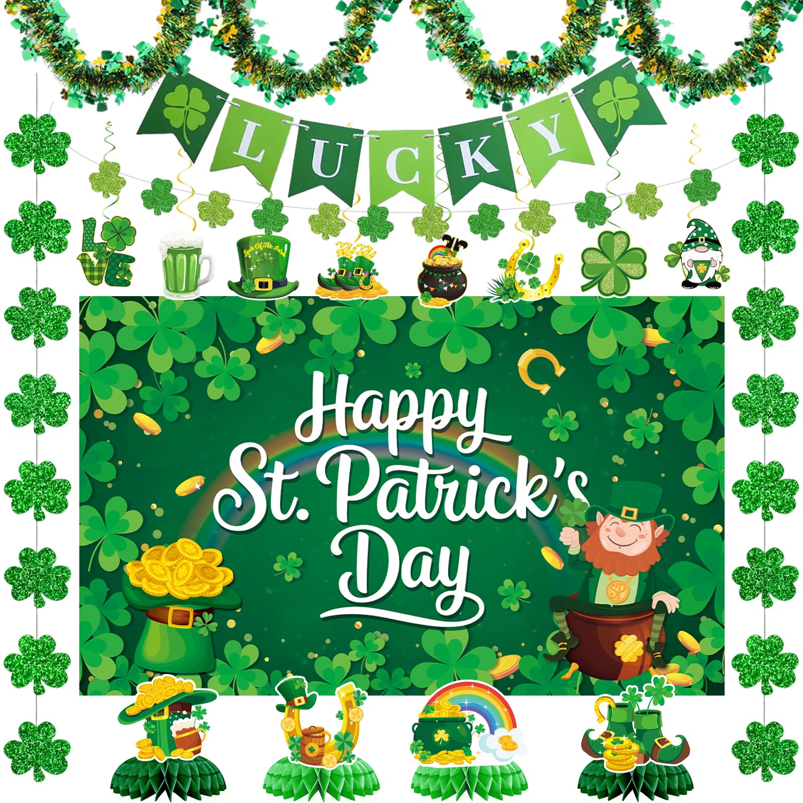 St Patrick's Day Decorations Kit,Large St Patricks Day Decorations Photo Backdrop,LUCKY Banner,Shamrock Garland,Clover Honeycomb Centerpiece,Irish