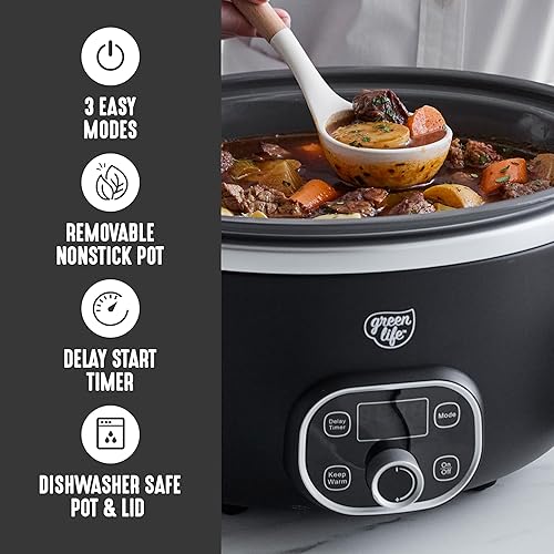 Miniatura 7 de GreenLife 8QT Slow Cooker, Non-Toxic PFAS-Free Ceramic Nonstick Removable Interior Bowl, Programmable, Family Friendly, Keep Warm, Stovetop & Oven