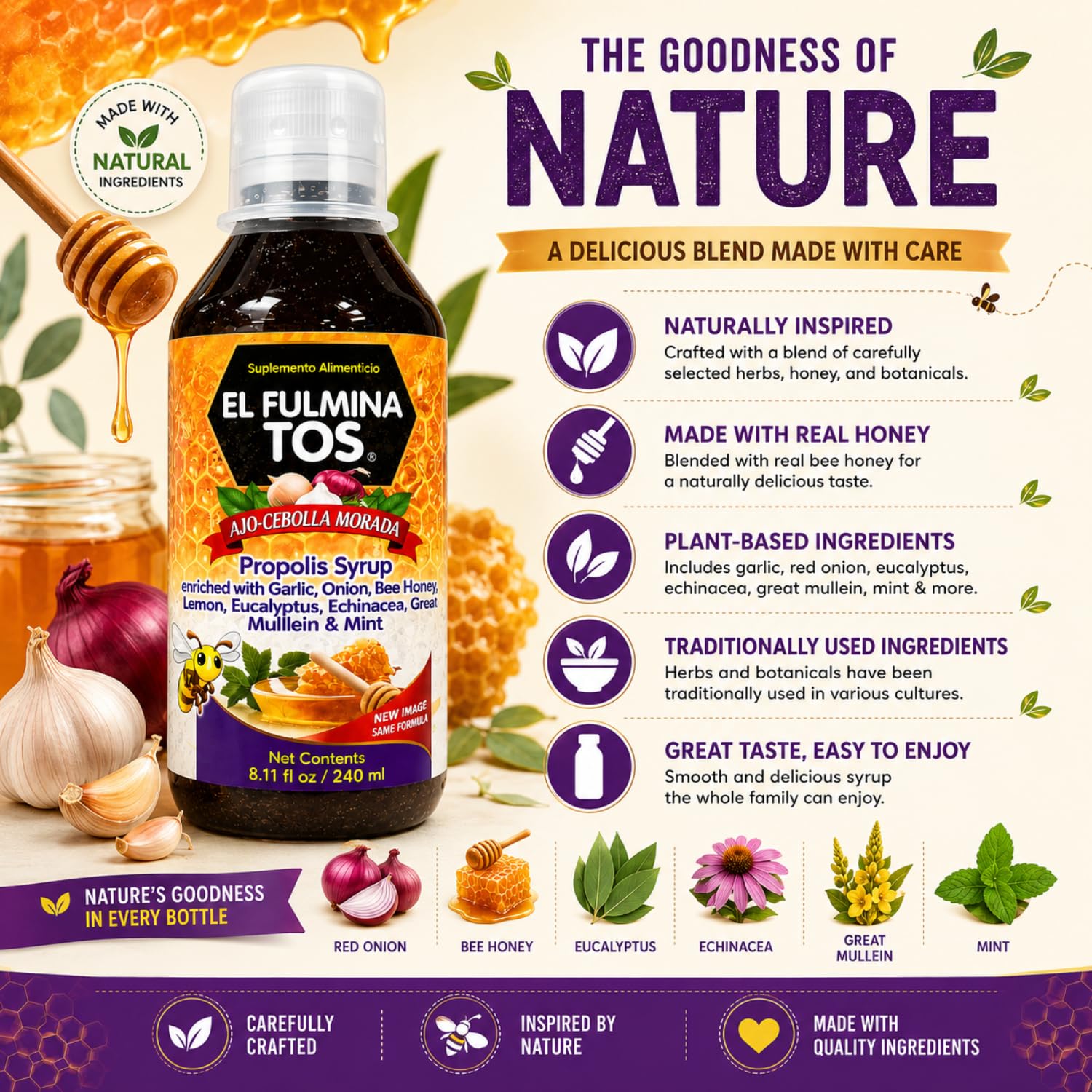El Fulmina TOS All Natural Herbal Syrup with Garlic & Onion, Propolis, Honey, Lemon, Eucalyptus & Echinacea – Botanical Liquid Supplement, 8.11 fl oz (240 mL) — Amazon image 3