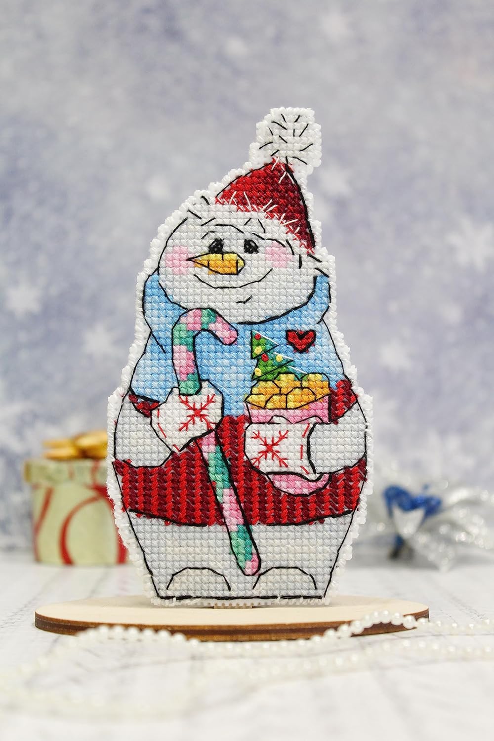 MP Studia Cross Stitch Embroidery Kits for Adults and Beginners Winter - Snowman with Sweets 13x7cm/5.12x2.76 14ct.