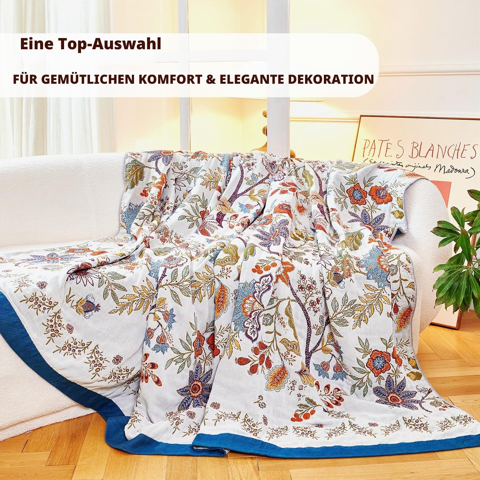 VANJOROY Sofaüberwurf aus 100 % Bio-Baumwolle, 150 x 200 cm, weich, hautfreundlich, doppelseitig, Boho-Blumenmuster, Beige, Überwurf für 2- und 3-Sitzer, Sessel, Couch und Tagesdecke.