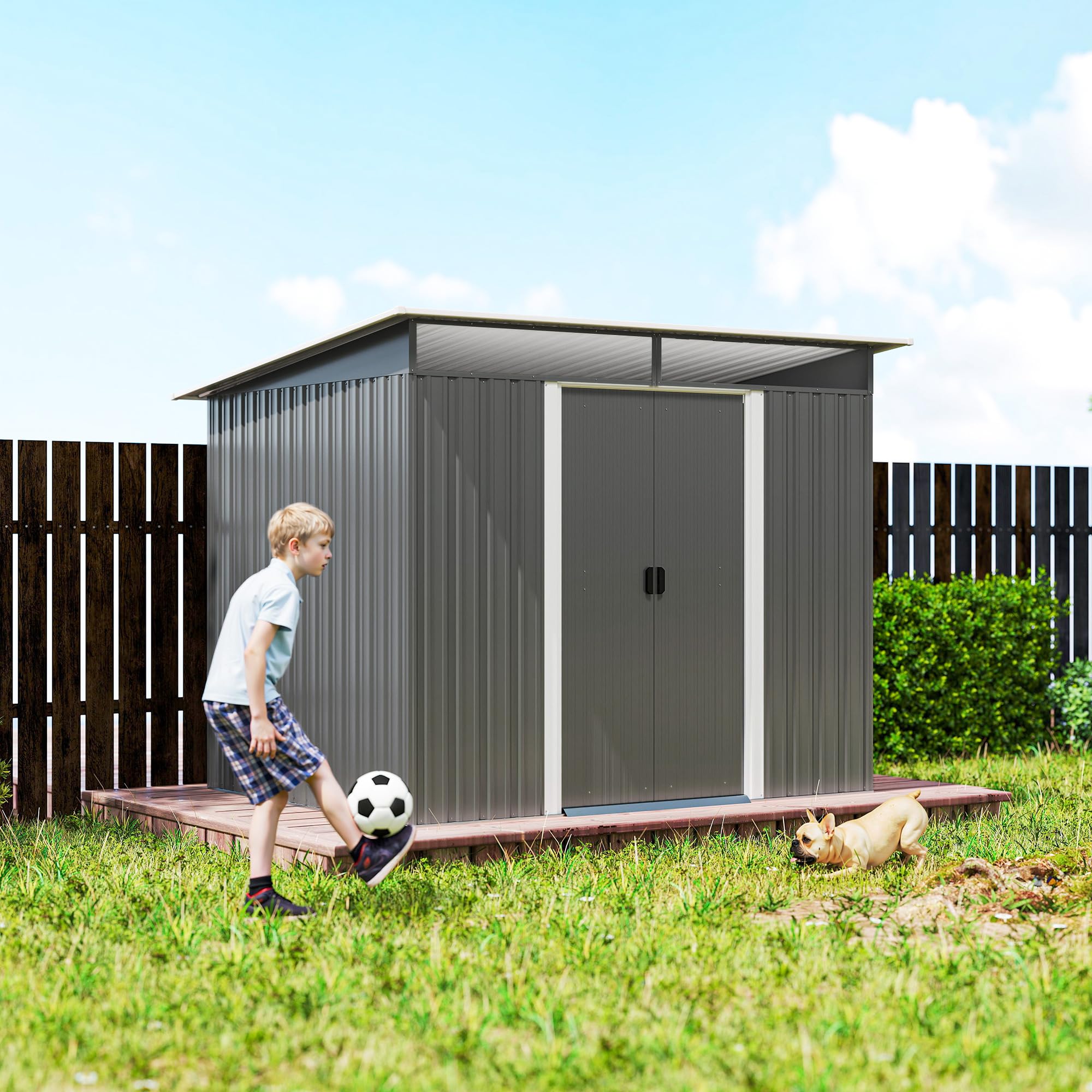 Outsunny Cobertizo de Jardín Exterior Metálica 4,5 m² 260x194x200cm Gris | Caseta de Jardín Exterior, Paneles Frontales Transparentes, 2 Puertas Corredizas, Almacenamiento de Herramientas