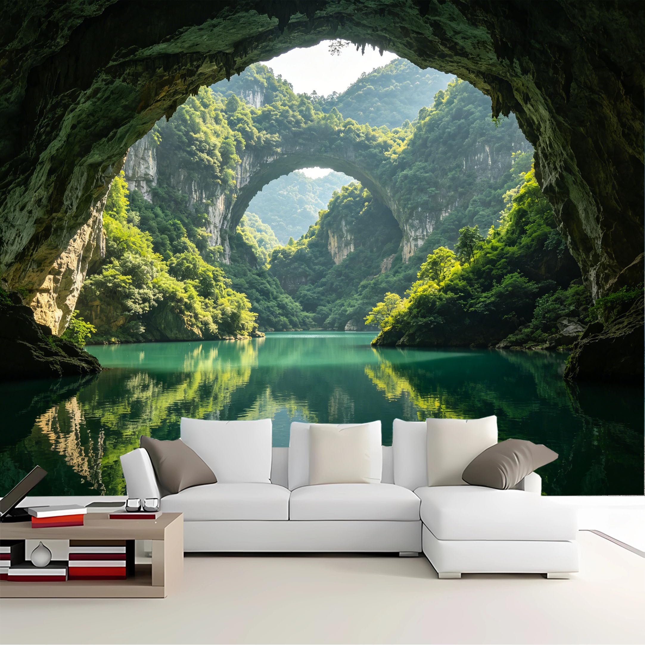 Custom Size Wall Mural Cave View Natural Arch Lake Reflection Removable Self Adhesive Peel and Stick Wallpaper for Bedroom Living Room Dining Room